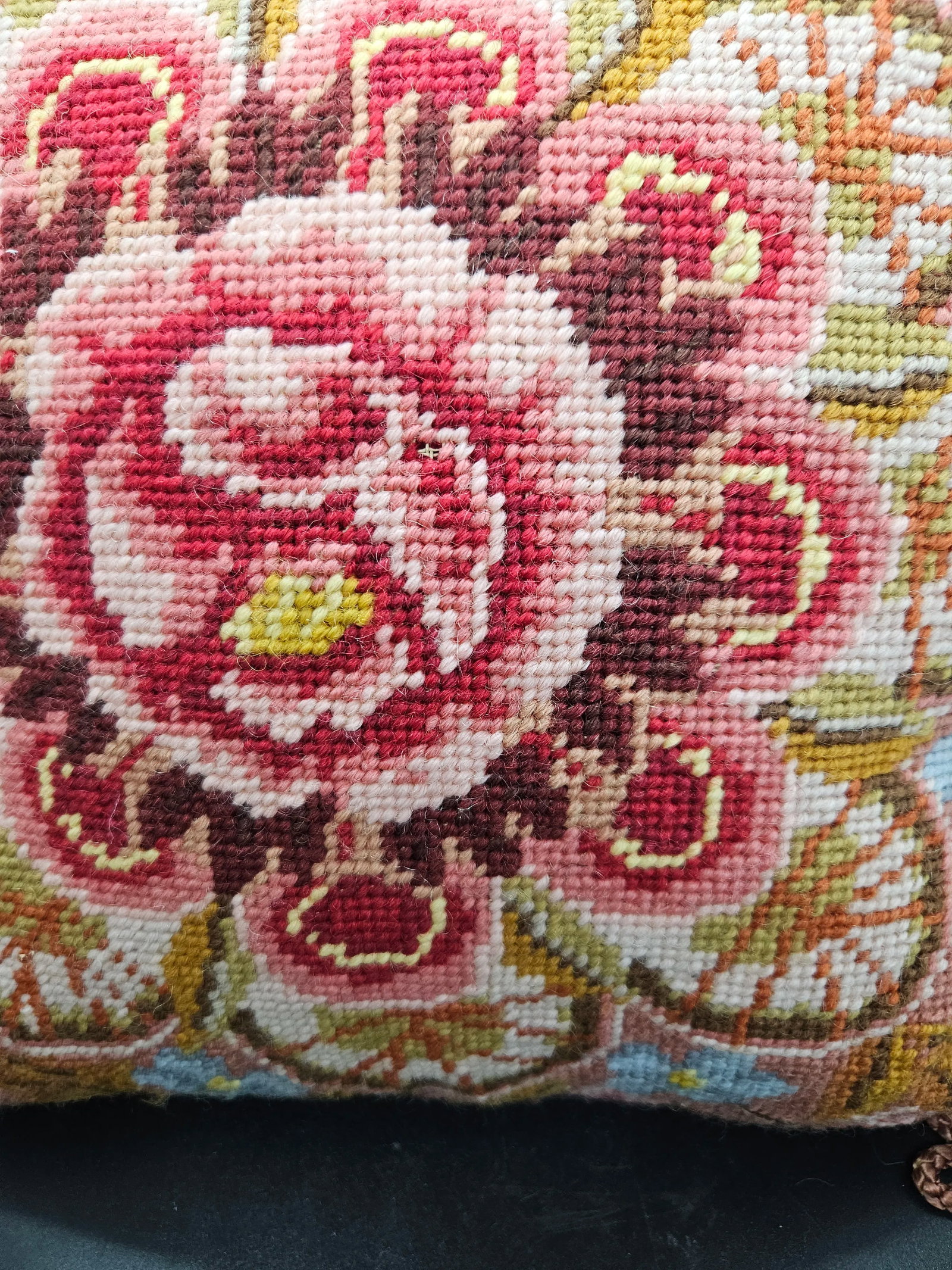 Vintage Handmade Needlepoint, Floral Pillow - 2
