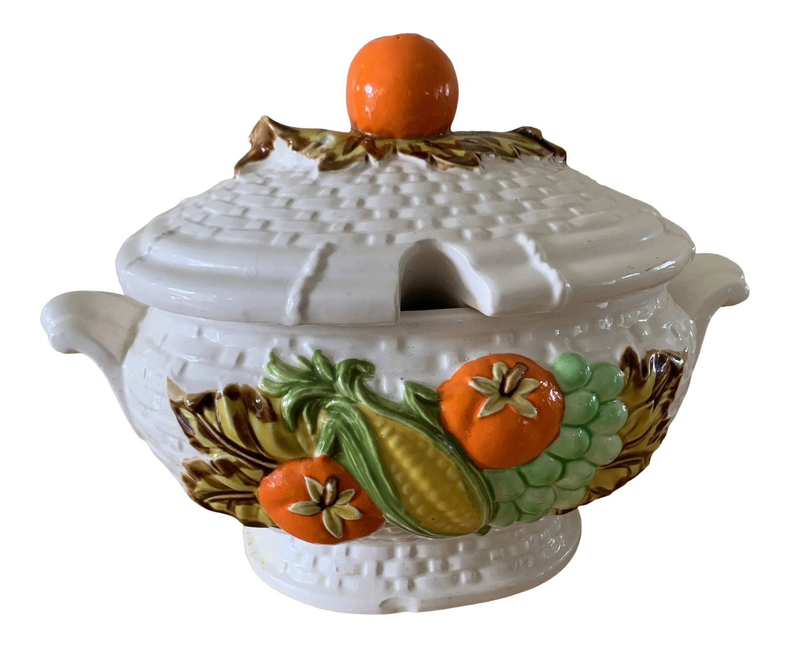 Vintage Cottage Style Ceramic Soup Tureen: Whimsical midcentury white ceramic serving tureen with textured bold vegetables and side curved handles. Sweet for the kitchen and the table Condition: Alterations: Original Condition Unaltered