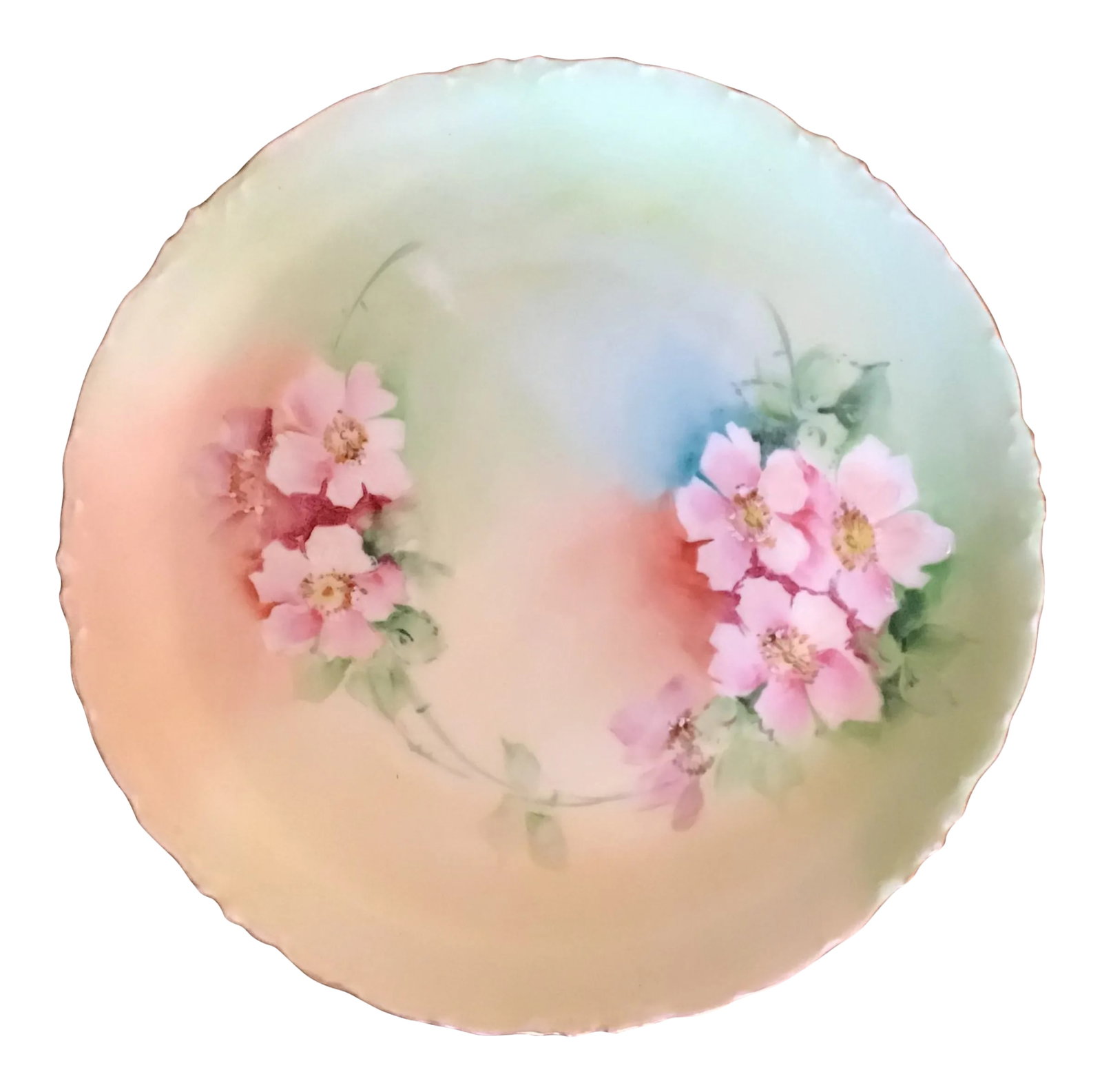 Antique Bavarian Hand Painted Scalloped Floral Porcelain Plate: 7.75" diameter. Made by R. C. Versailles Bavaria. This mark was used on items manufactured between 1891-1906. R. C. Is the Rosenthal Company. Muted pale pink dogwood flowers Handpainted on a