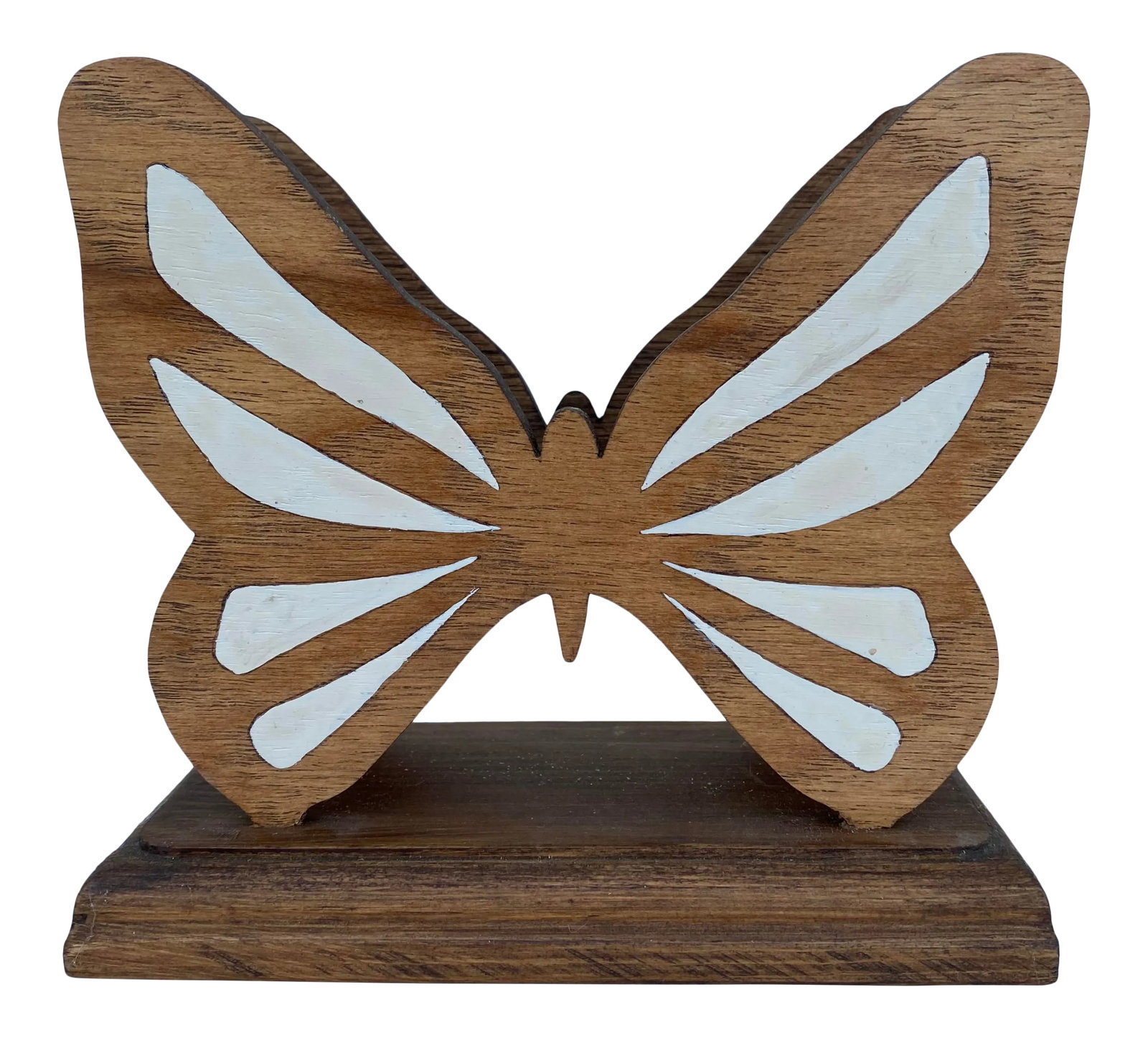 Late 20th Century Handmade Wooden Butterfly Letter Organizer: Vintage handmade wooden butterfly napkin holder / mail holder. Beautiful with an organic bohemian look, this napkin holder features a simple painted butterfly on both sides. Perfect size for organizin