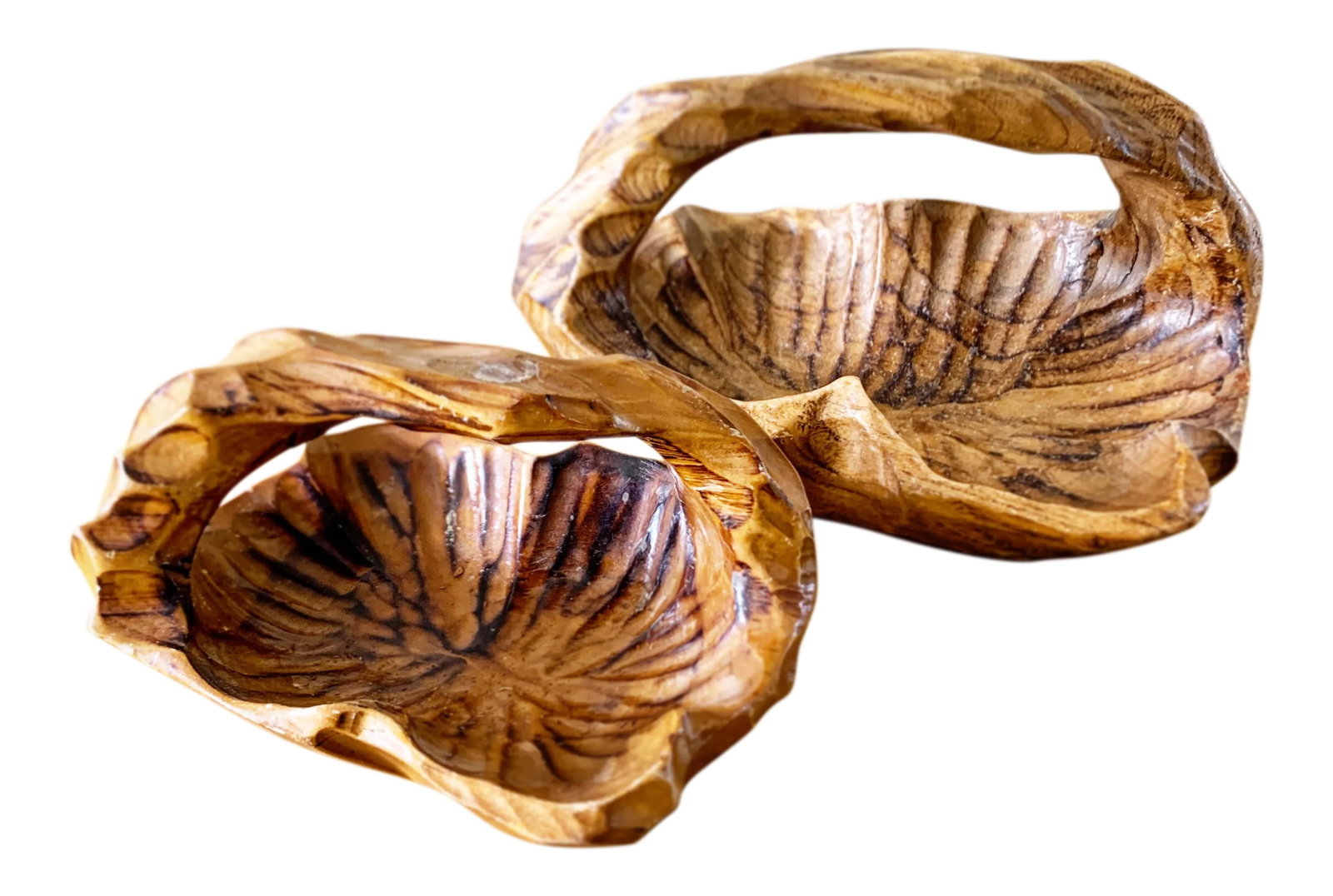 Set of Two Sculpted Wood Decor Bowls: Sensual shapely free-flow carved wood accent or decor bowls. Shaped like driftwood in terms of non conformity and design. Rustic and elegant for any decor. Set of two. Smaller bowl is 6x4.5x4