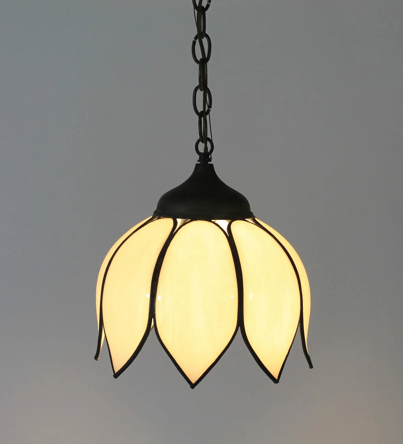 Mid Century White Slag Glass Tulip Pendant Light - 2