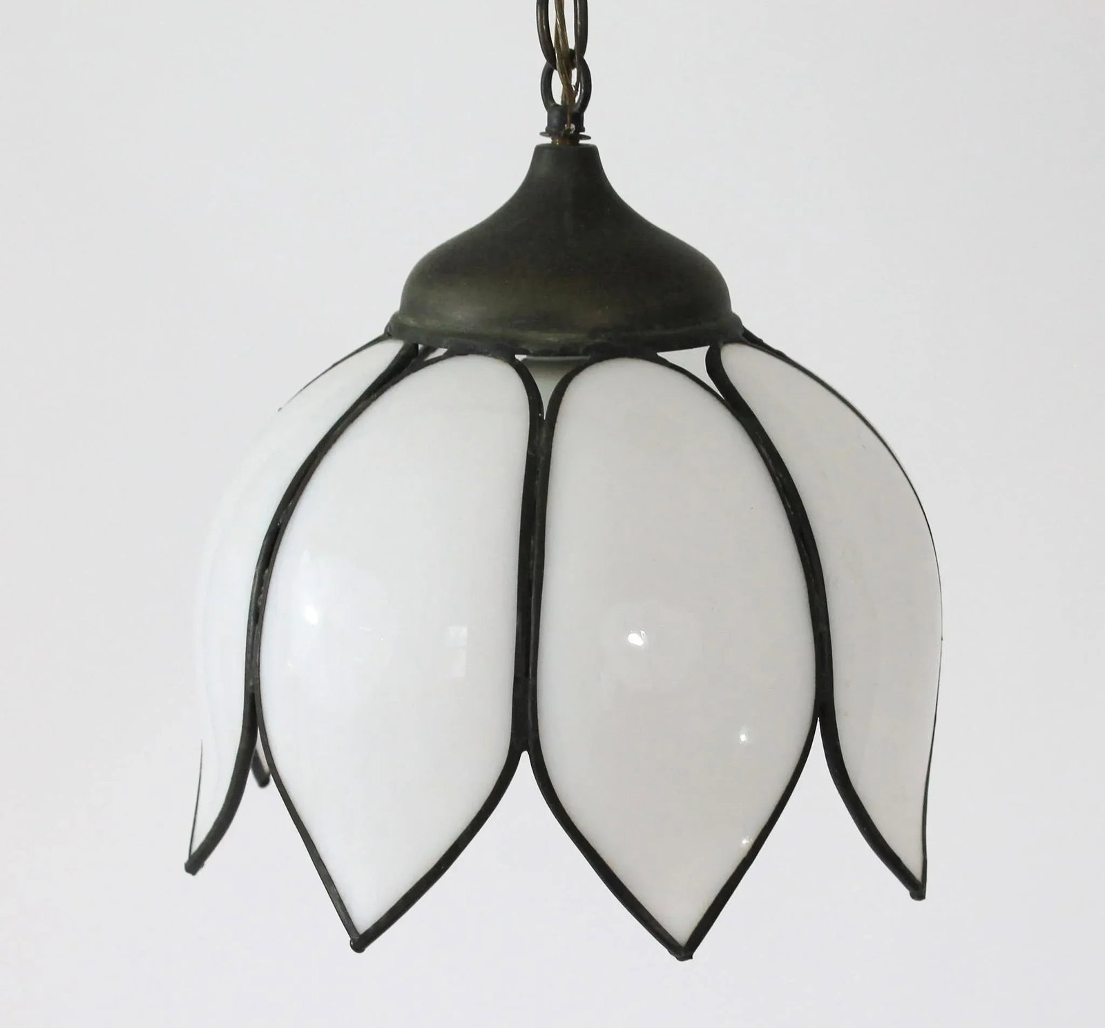 Mid Century White Slag Glass Tulip Pendant Light - 3