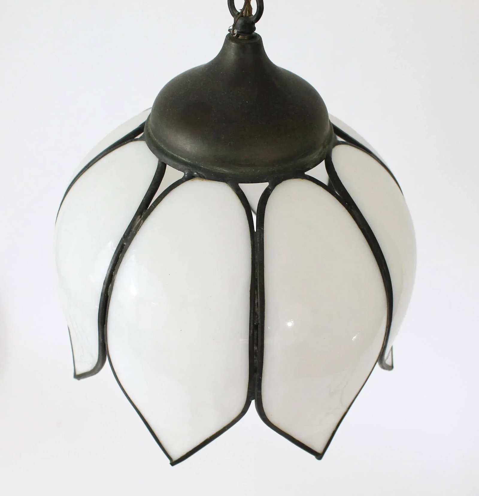 Mid Century White Slag Glass Tulip Pendant Light - 6