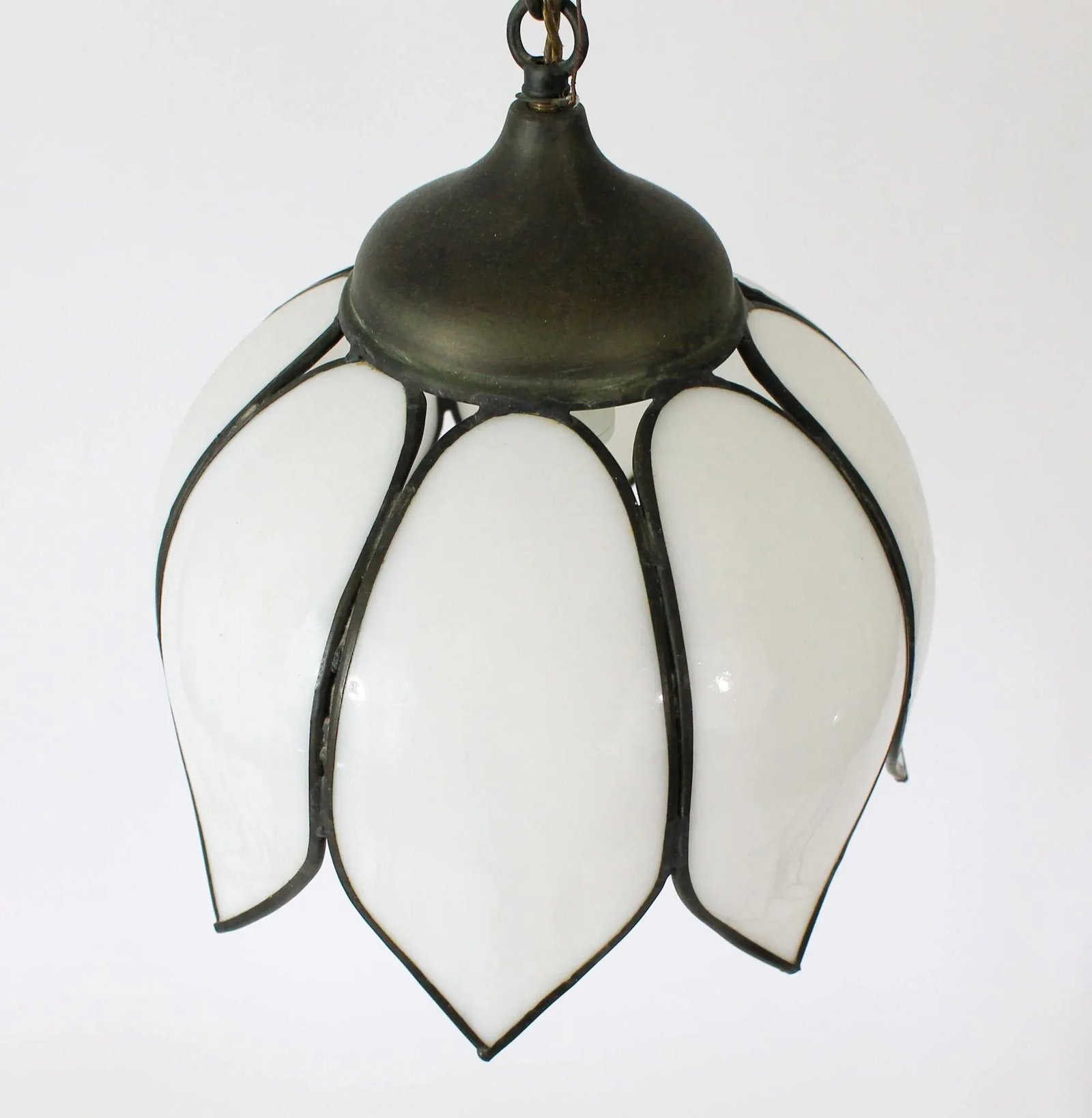 Mid Century White Slag Glass Tulip Pendant Light - 7