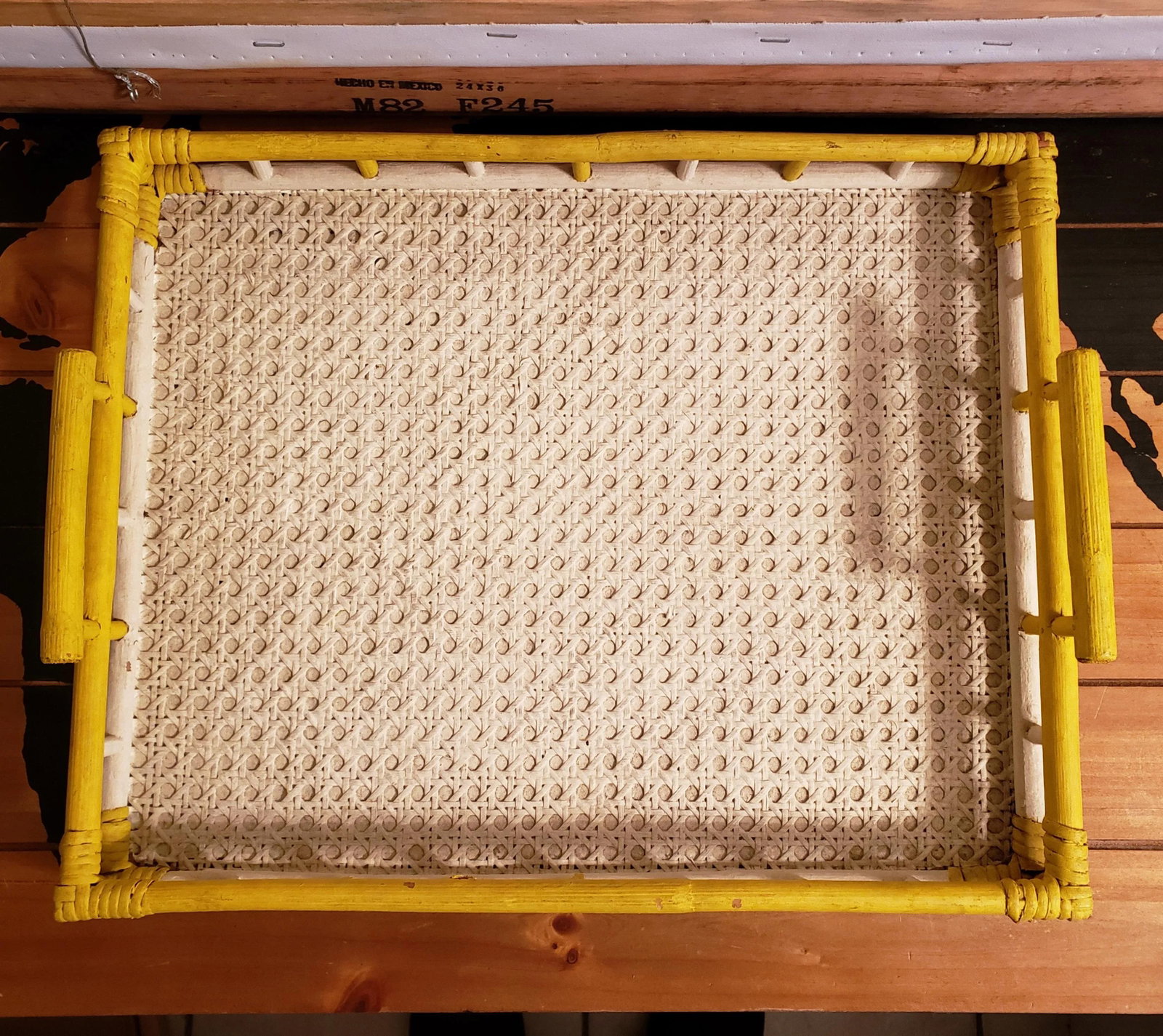 1940's Boho Chic Yellow and White Painted Woven Bamboo Dowel Jointed Wood Serving Tray - 2