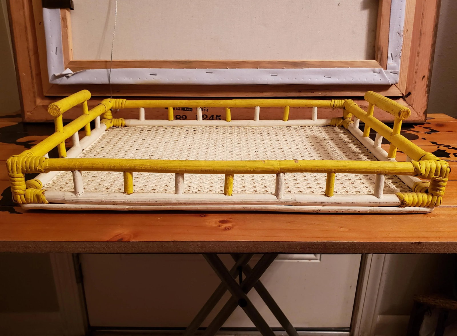 1940's Boho Chic Yellow and White Painted Woven Bamboo Dowel Jointed Wood Serving Tray - 3