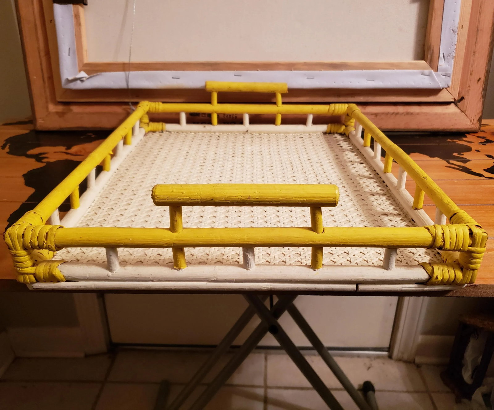 1940's Boho Chic Yellow and White Painted Woven Bamboo Dowel Jointed Wood Serving Tray - 4