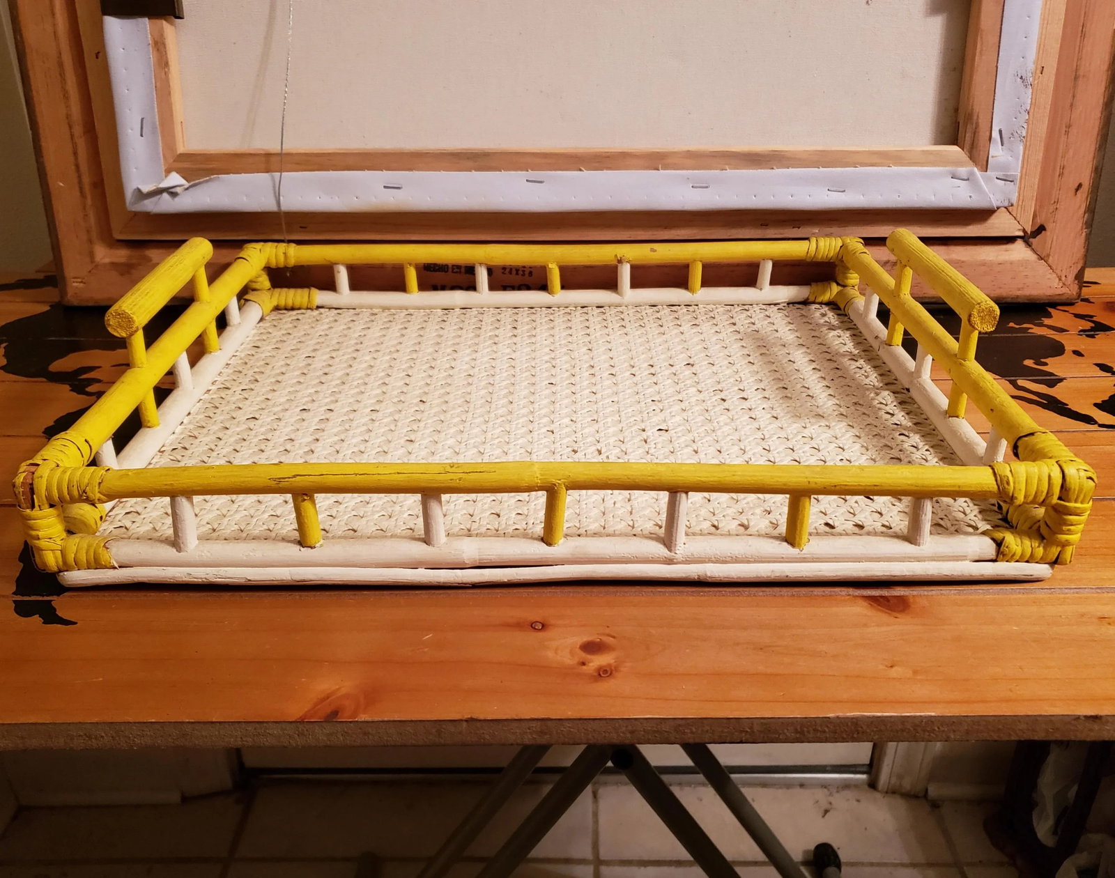 1940's Boho Chic Yellow and White Painted Woven Bamboo Dowel Jointed Wood Serving Tray - 5