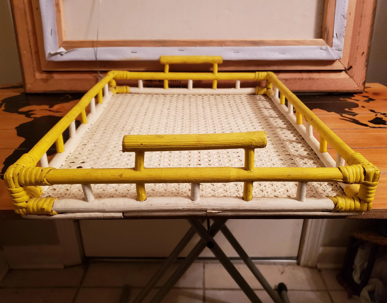 1940's Boho Chic Yellow and White Painted Woven Bamboo Dowel Jointed Wood Serving Tray - 6