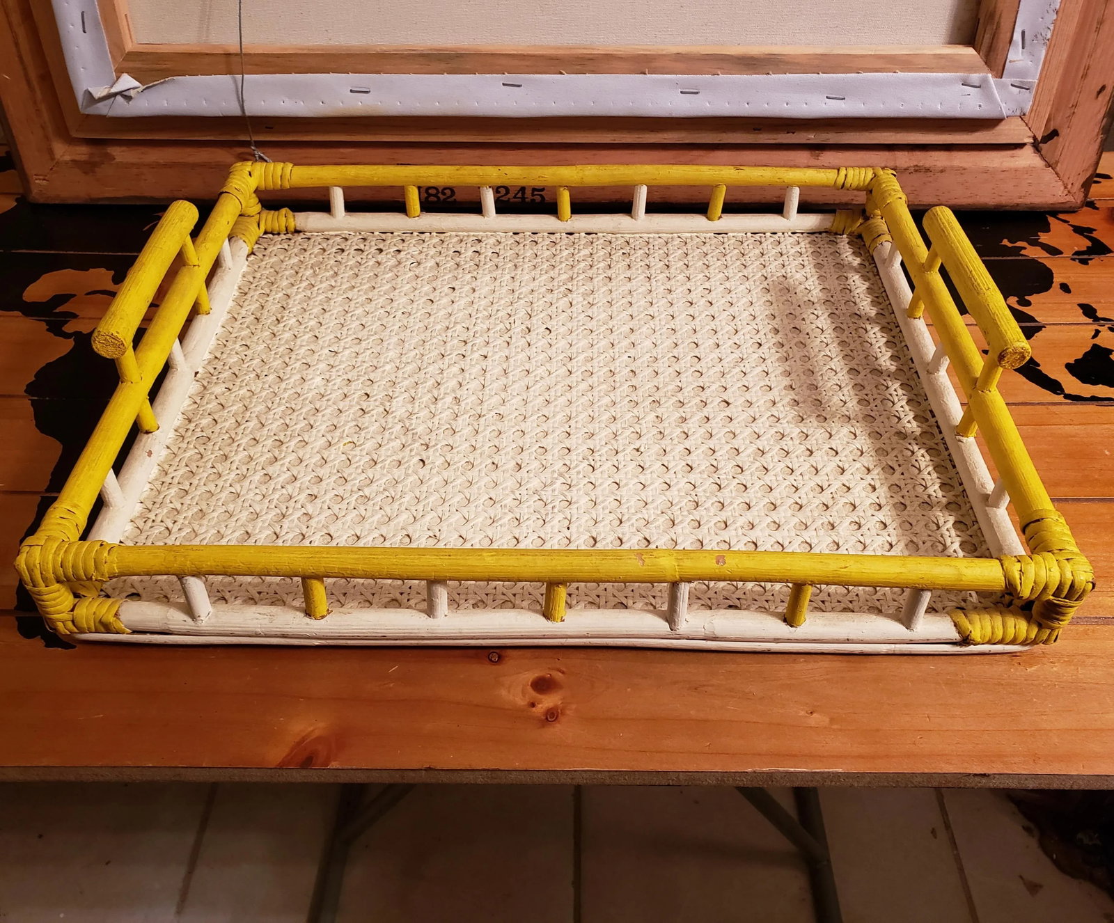 1940's Boho Chic Yellow and White Painted Woven Bamboo Dowel Jointed Wood Serving Tray - 8
