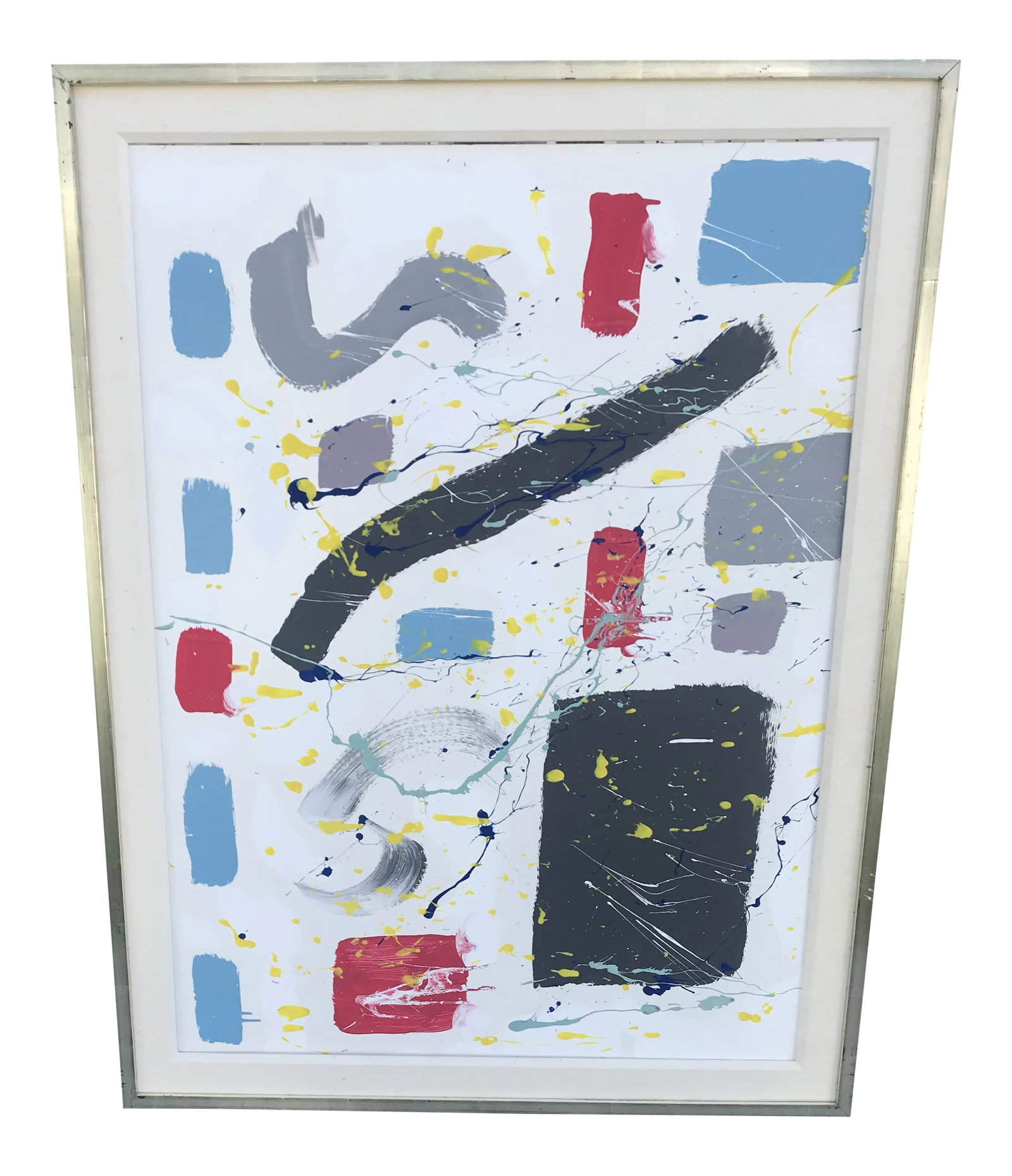 Contemporary Framed Abstract Painting: Very large and colorful abstract painting including a vintage silver leaf frame. Measures 3 feet by 4 feet Condition: Alterations: Original Condition Unaltered Imperfections: Some Imperfections Condit