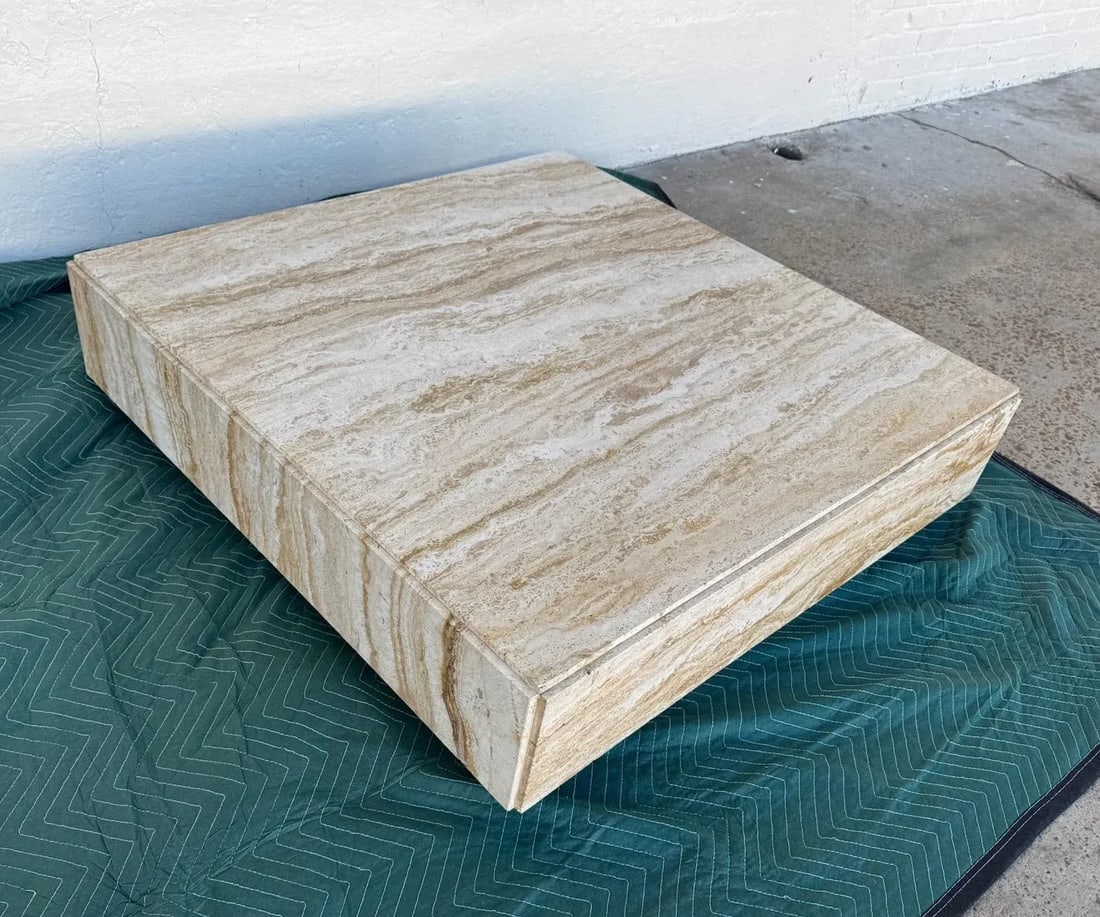 1960s Milo Baughman Style Modern Brutalist Minimalist Monolithic Travertine Coffee Table - Marked "M - 10