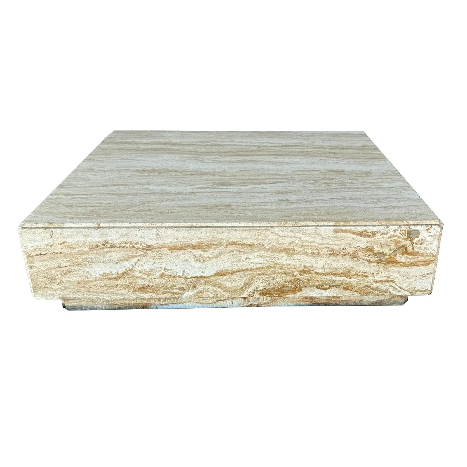 1960s Milo Baughman Style Modern Brutalist Minimalist Monolithic Travertine Coffee Table - Marked "M - 2