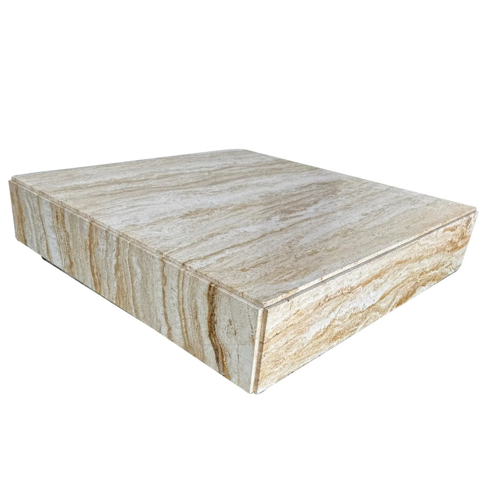 1960s Milo Baughman Style Modern Brutalist Minimalist Monolithic Travertine Coffee Table - Marked "M - 3