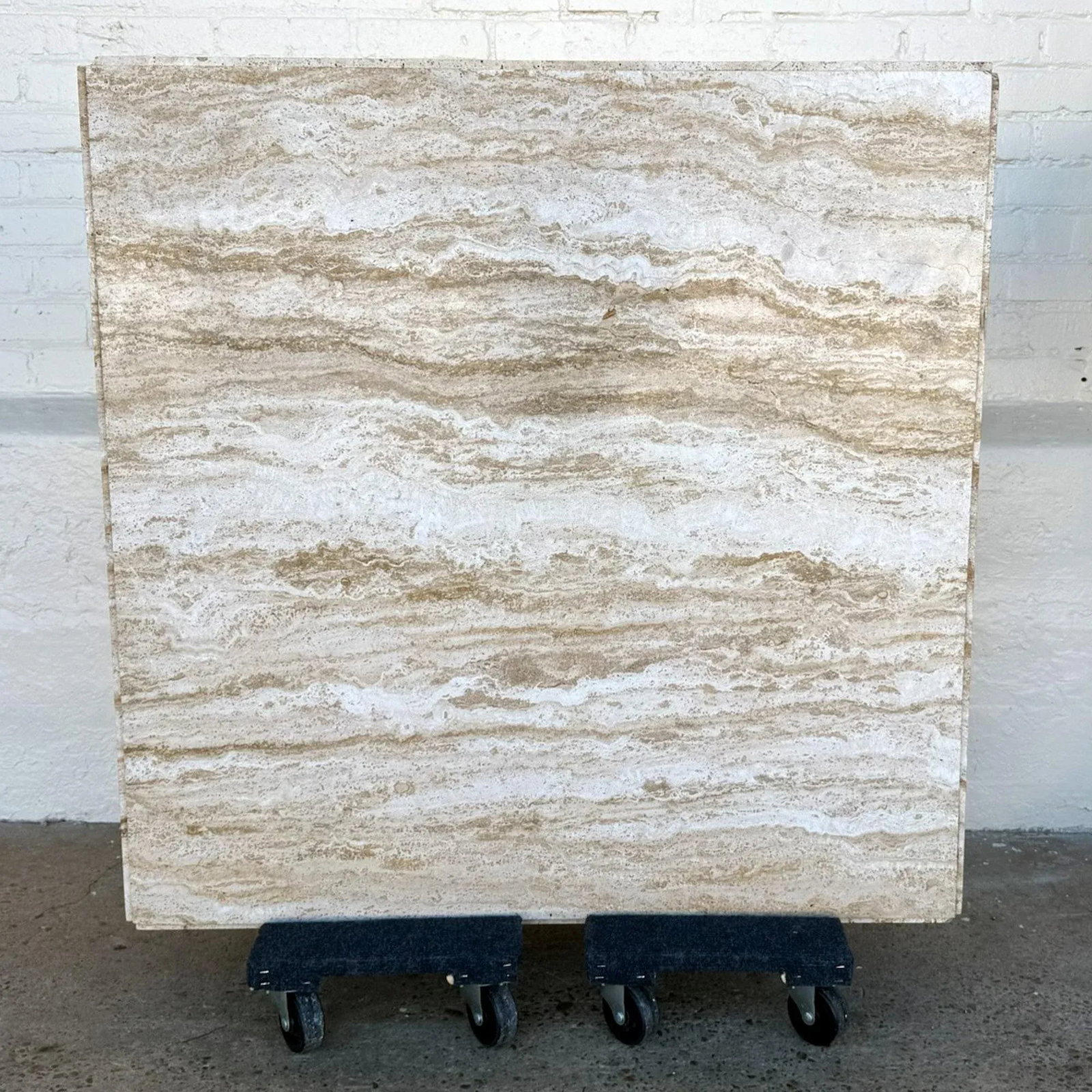1960s Milo Baughman Style Modern Brutalist Minimalist Monolithic Travertine Coffee Table - Marked "M - 4