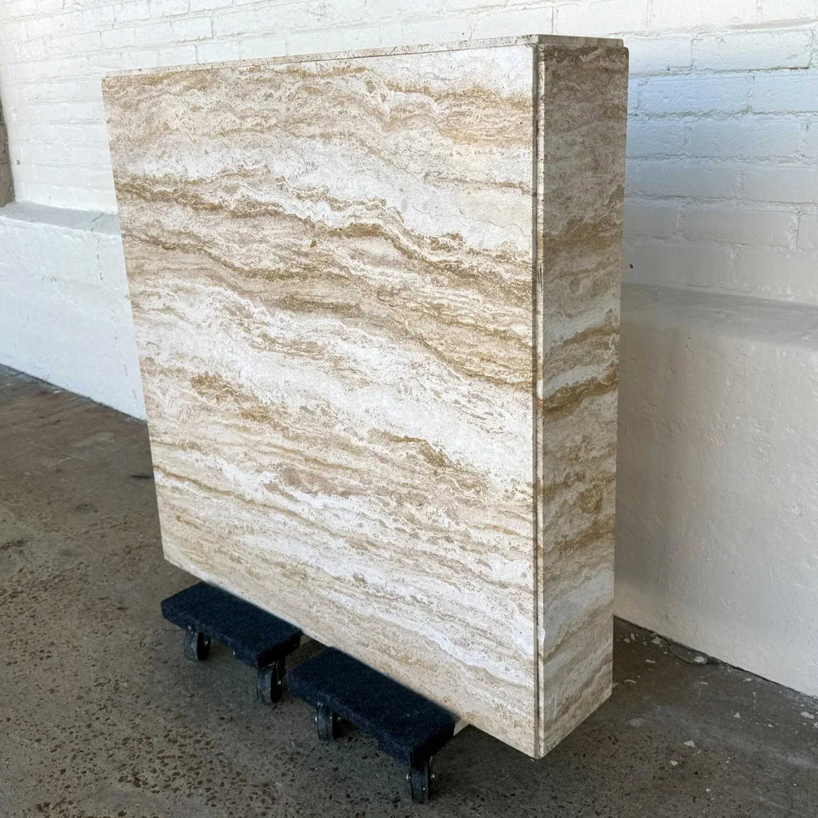 1960s Milo Baughman Style Modern Brutalist Minimalist Monolithic Travertine Coffee Table - Marked "M - 5