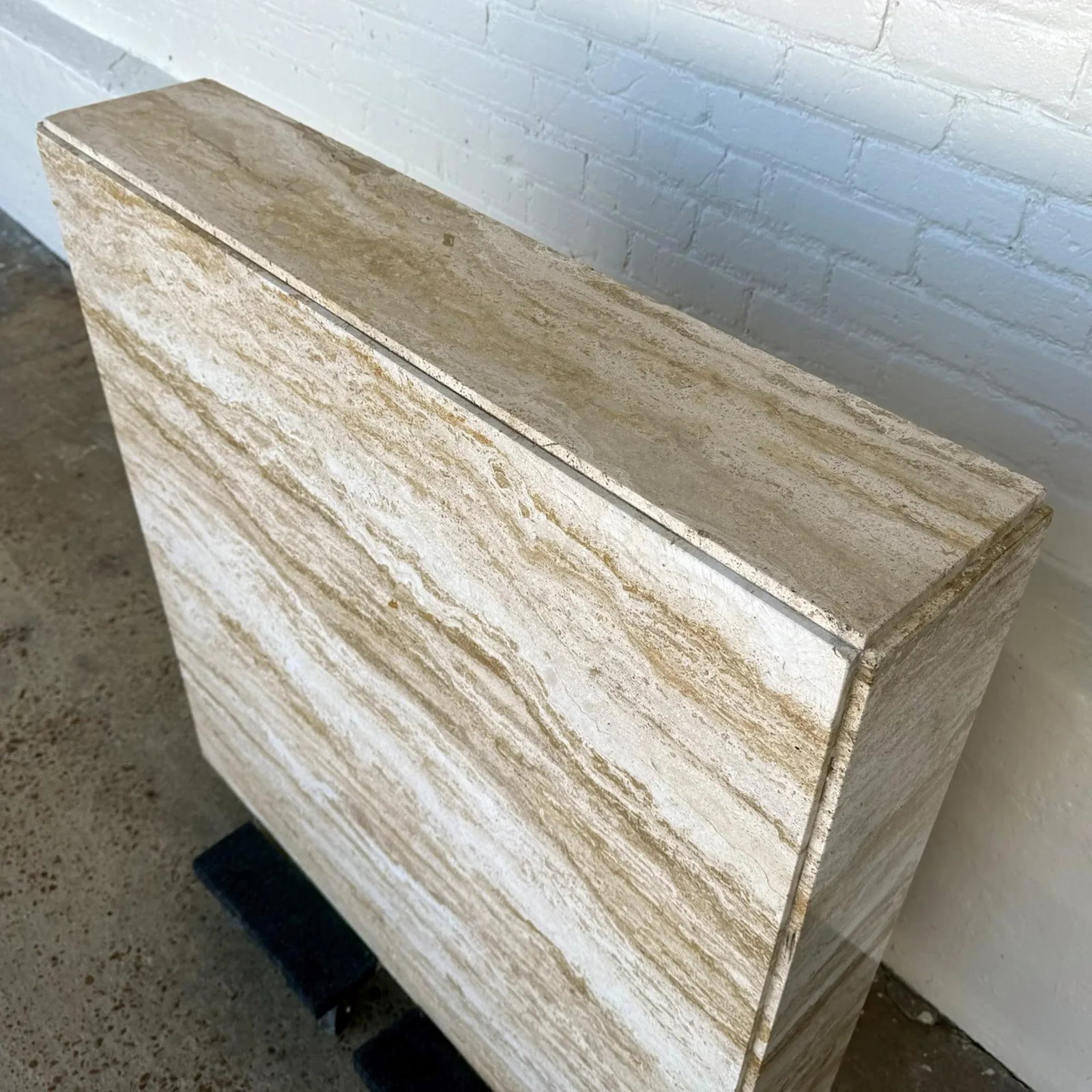 1960s Milo Baughman Style Modern Brutalist Minimalist Monolithic Travertine Coffee Table - Marked "M - 6
