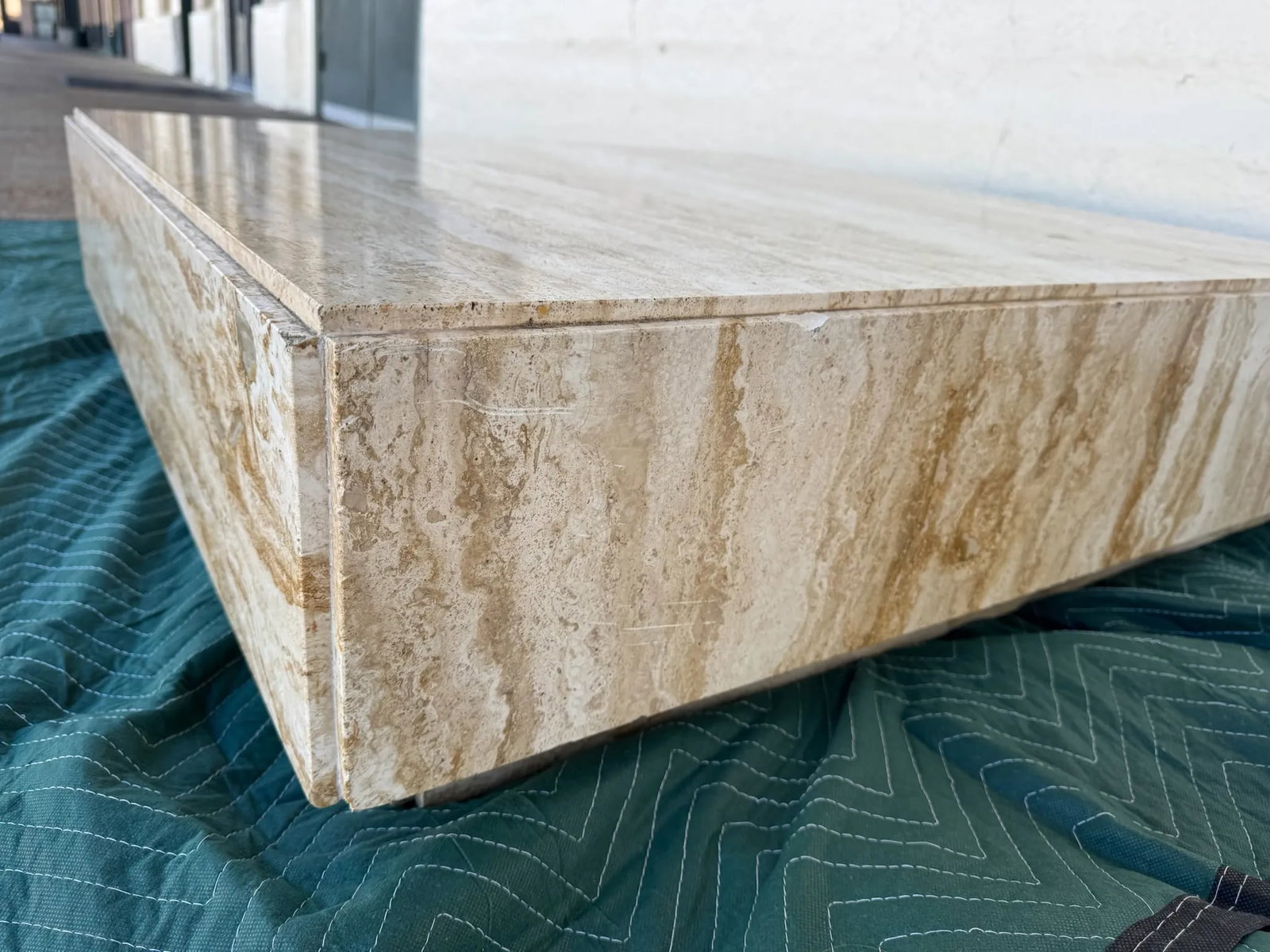 1960s Milo Baughman Style Modern Brutalist Minimalist Monolithic Travertine Coffee Table - Marked "M - 7