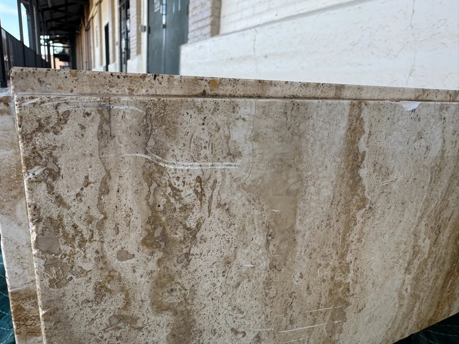 1960s Milo Baughman Style Modern Brutalist Minimalist Monolithic Travertine Coffee Table - Marked "M - 8