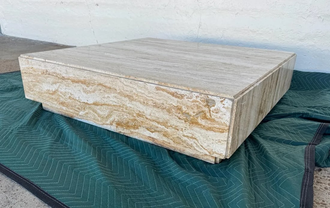 1960s Milo Baughman Style Modern Brutalist Minimalist Monolithic Travertine Coffee Table - Marked "M - 9