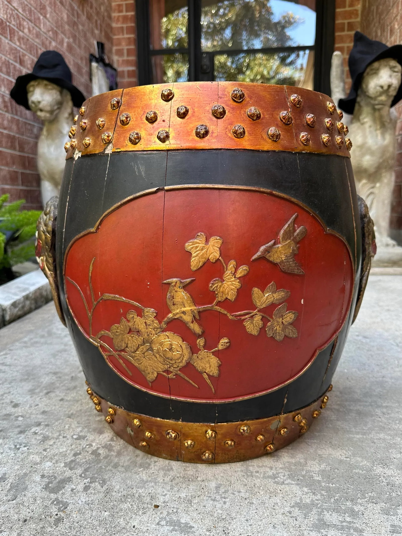 Vintage Mid Century Hollywood Regency Polychrome Painted Asian Wood Drum Stool With Storage - 2