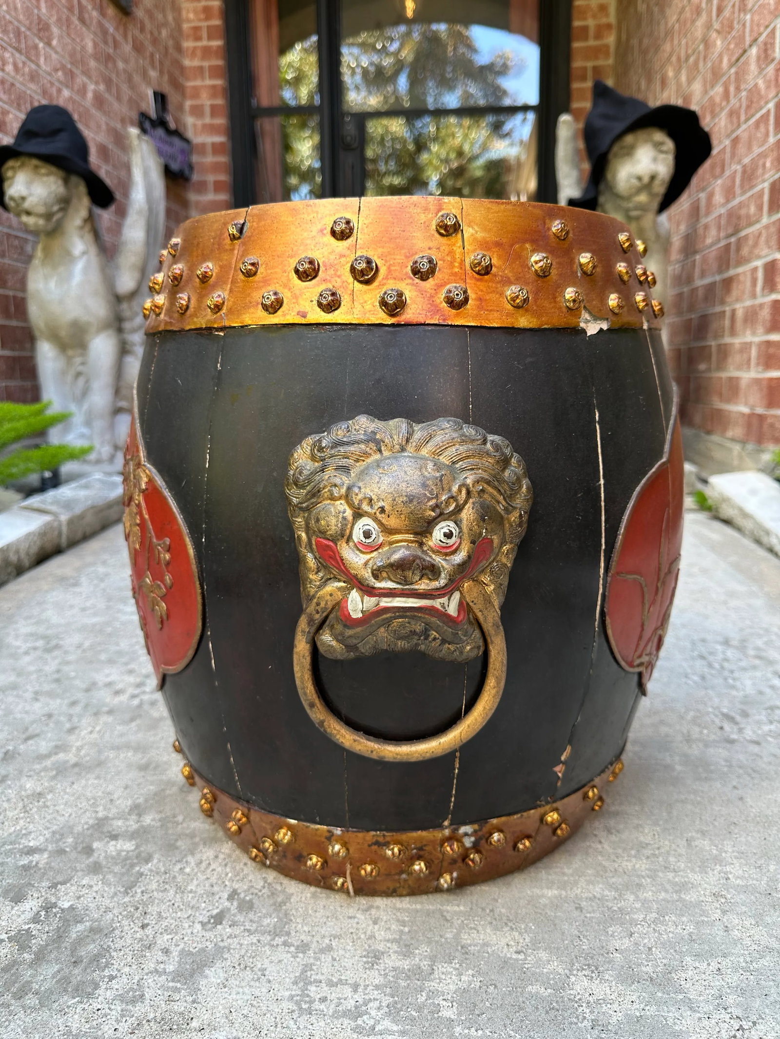 Vintage Mid Century Hollywood Regency Polychrome Painted Asian Wood Drum Stool With Storage - 3