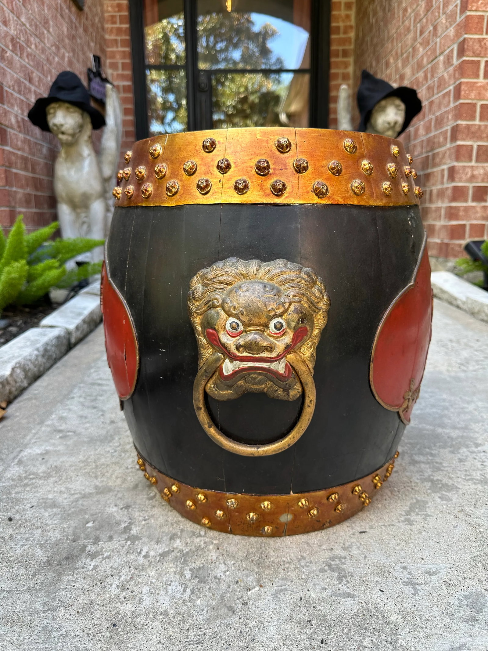 Vintage Mid Century Hollywood Regency Polychrome Painted Asian Wood Drum Stool With Storage - 4