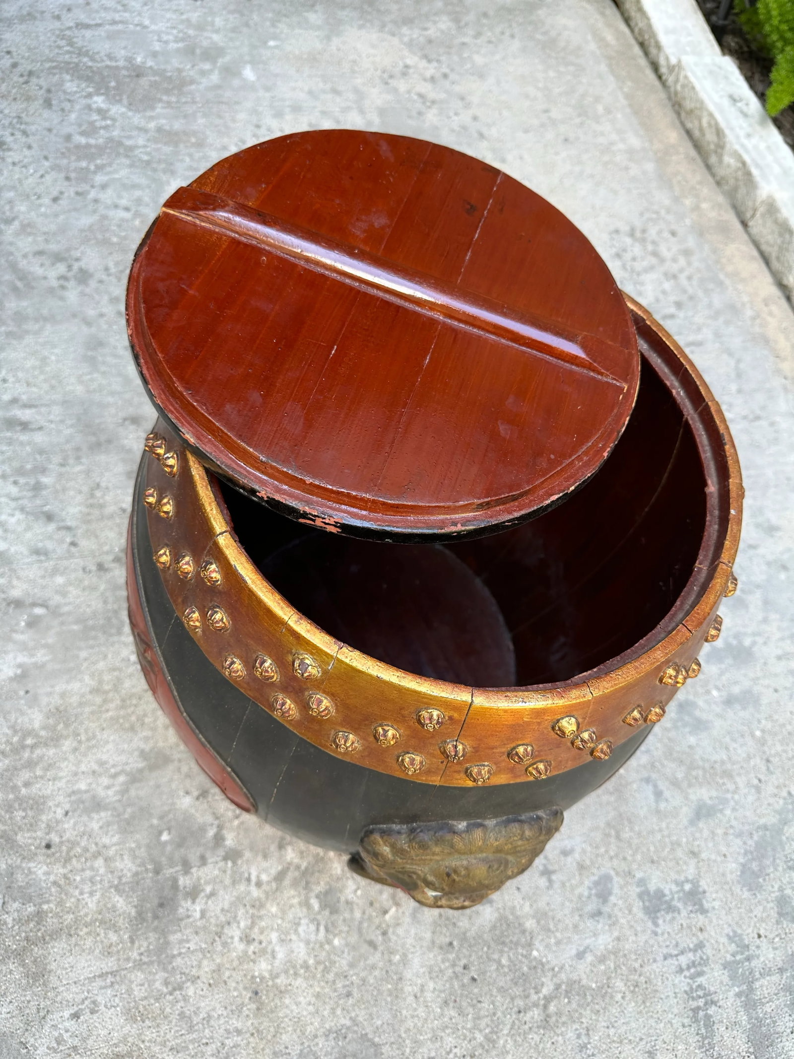 Vintage Mid Century Hollywood Regency Polychrome Painted Asian Wood Drum Stool With Storage - 7