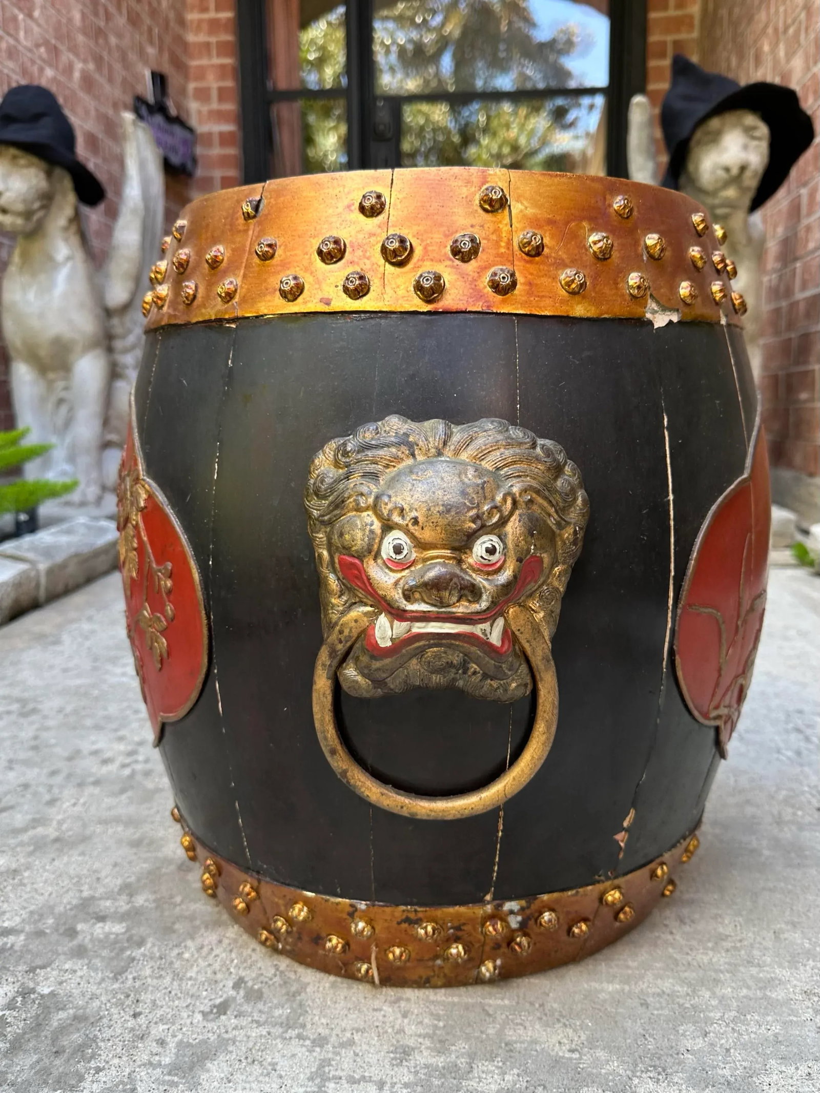 Vintage Mid Century Hollywood Regency Polychrome Painted Asian Wood Drum Stool With Storage - 8