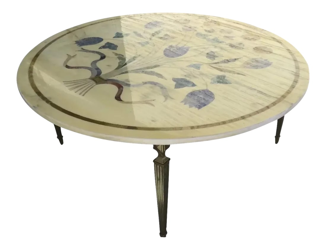 Vintage Round Brass Legged Marble Coffee Table with Painted Bouquet (1 of 7)