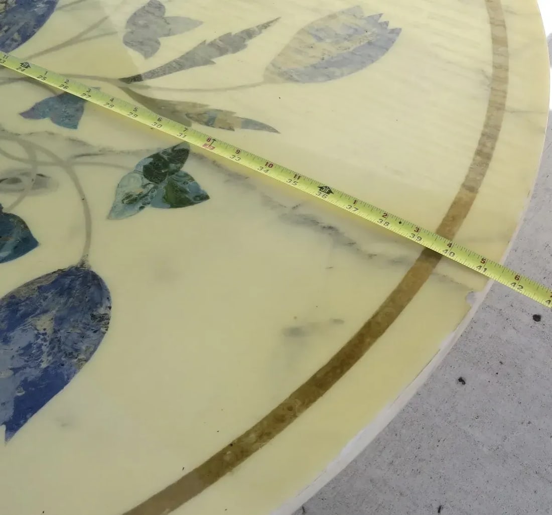 Vintage Round Brass Legged Marble Coffee Table with Painted Bouquet - 2