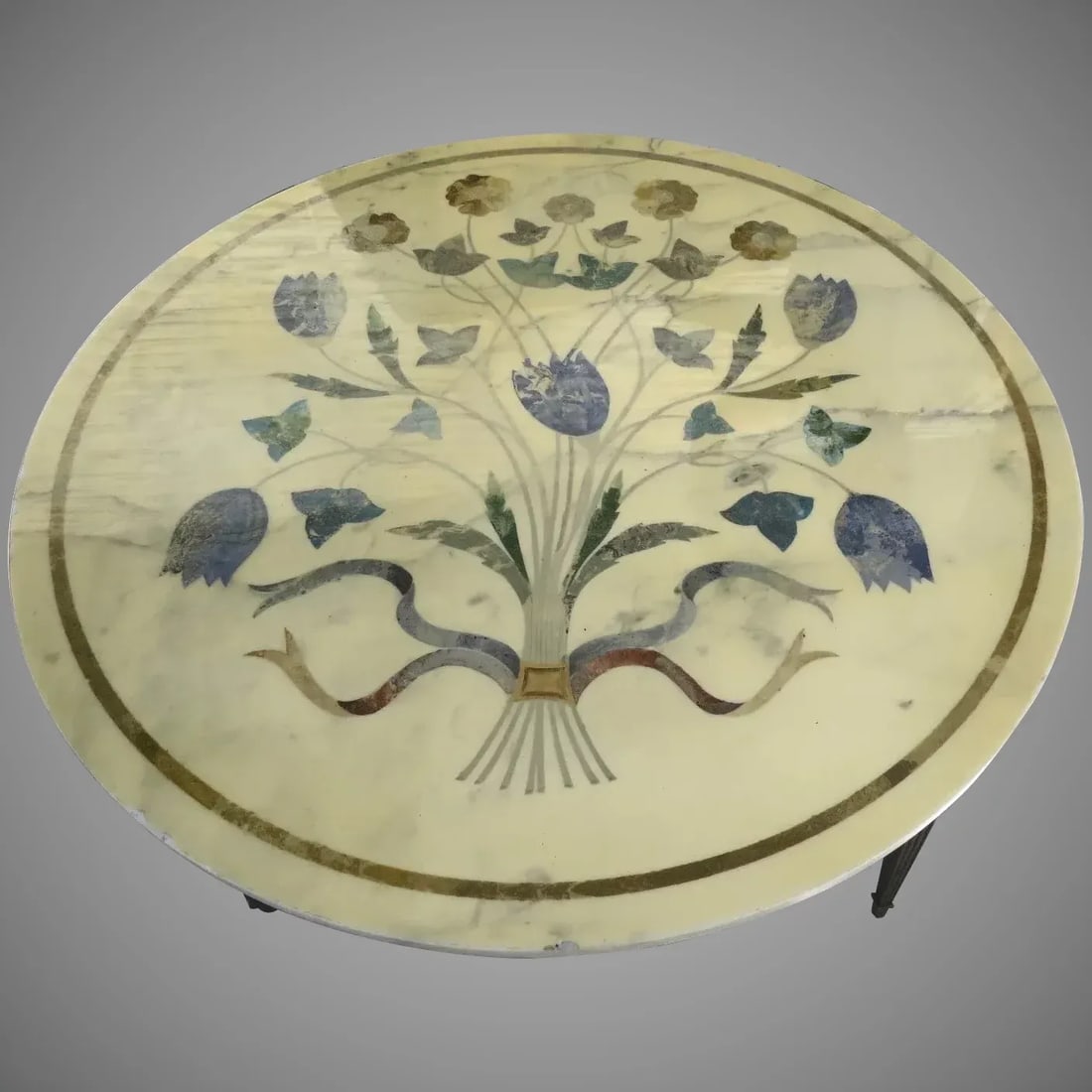 Vintage Round Brass Legged Marble Coffee Table with Painted Bouquet - 4