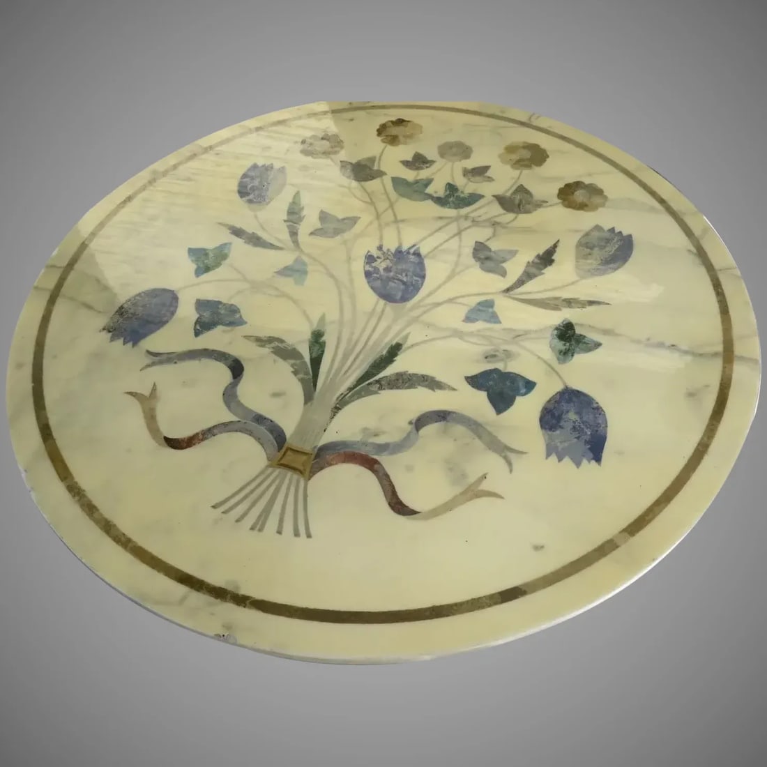 Vintage Round Brass Legged Marble Coffee Table with Painted Bouquet - 5