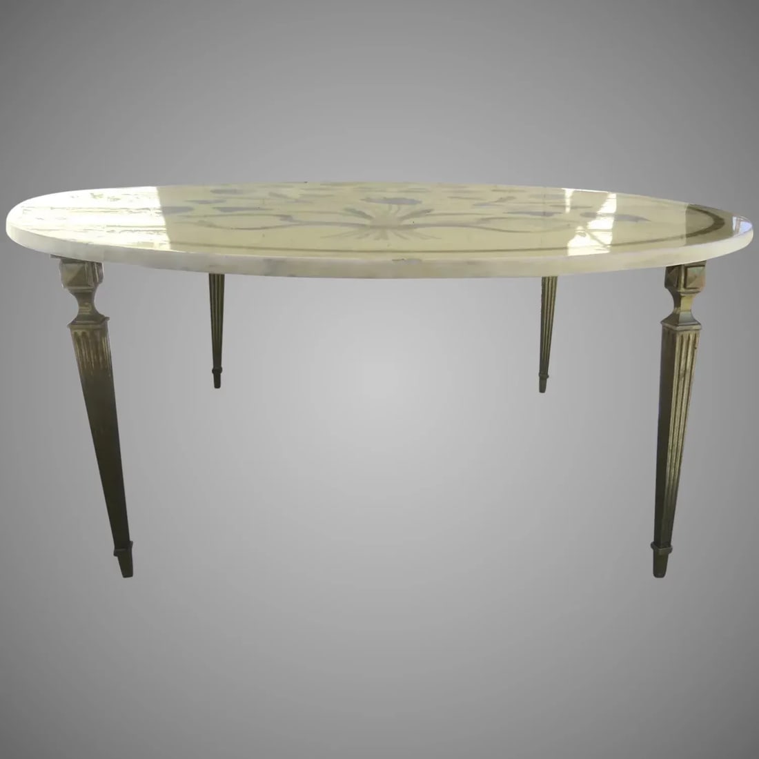 Vintage Round Brass Legged Marble Coffee Table with Painted Bouquet - 6