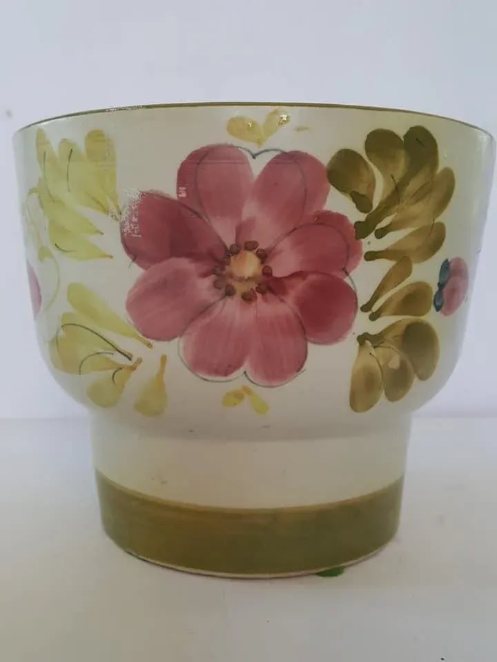 Mid Century Pottery Planter Portugal Handpainted Floral - 4