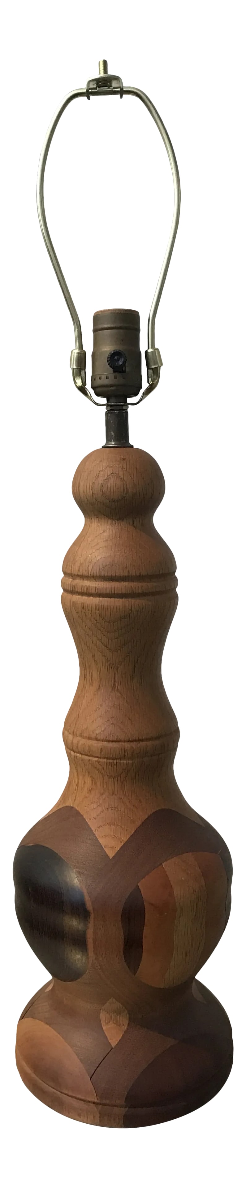 Vintage Exotic Wood Chess Piece Table Lamp: Large Chess Piece Table Lamp. Lathe turned solid mixed wood table lamp in the form of a chess piece. A striking contrast from the mixed blocks of Andiroba, Imbuia, Oak Walnut, Sycamore Zabra Cedar, Pa