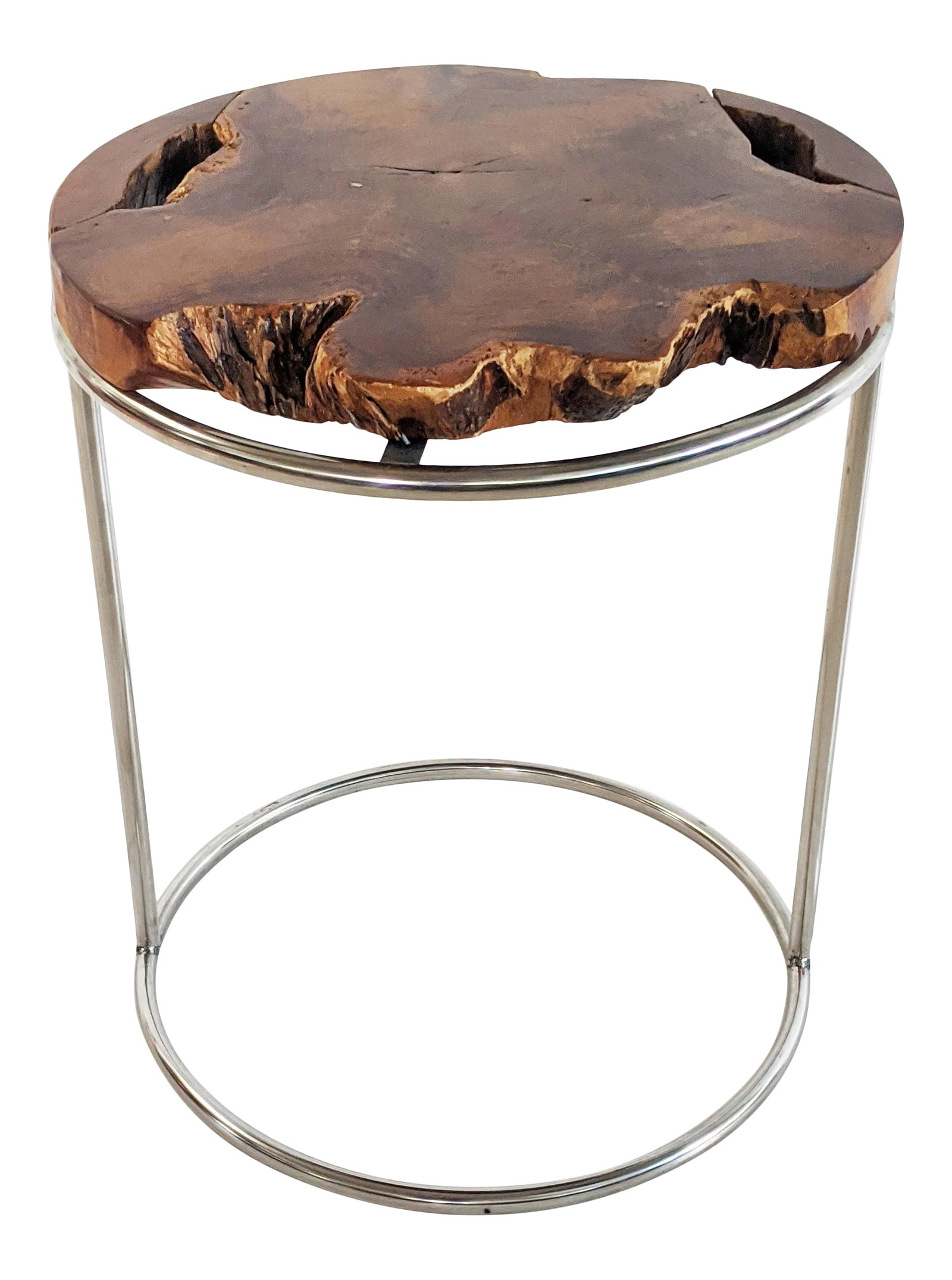 Modern Live Edge Wood Slab and Chrome Side Table: Wood slab live edge top with tubular chrome base. Gorgeous grain to the wood. This unusual, eclectic and interesting table would make a great addition to any decor. Wood slab is 1-3/4" thick x 18"