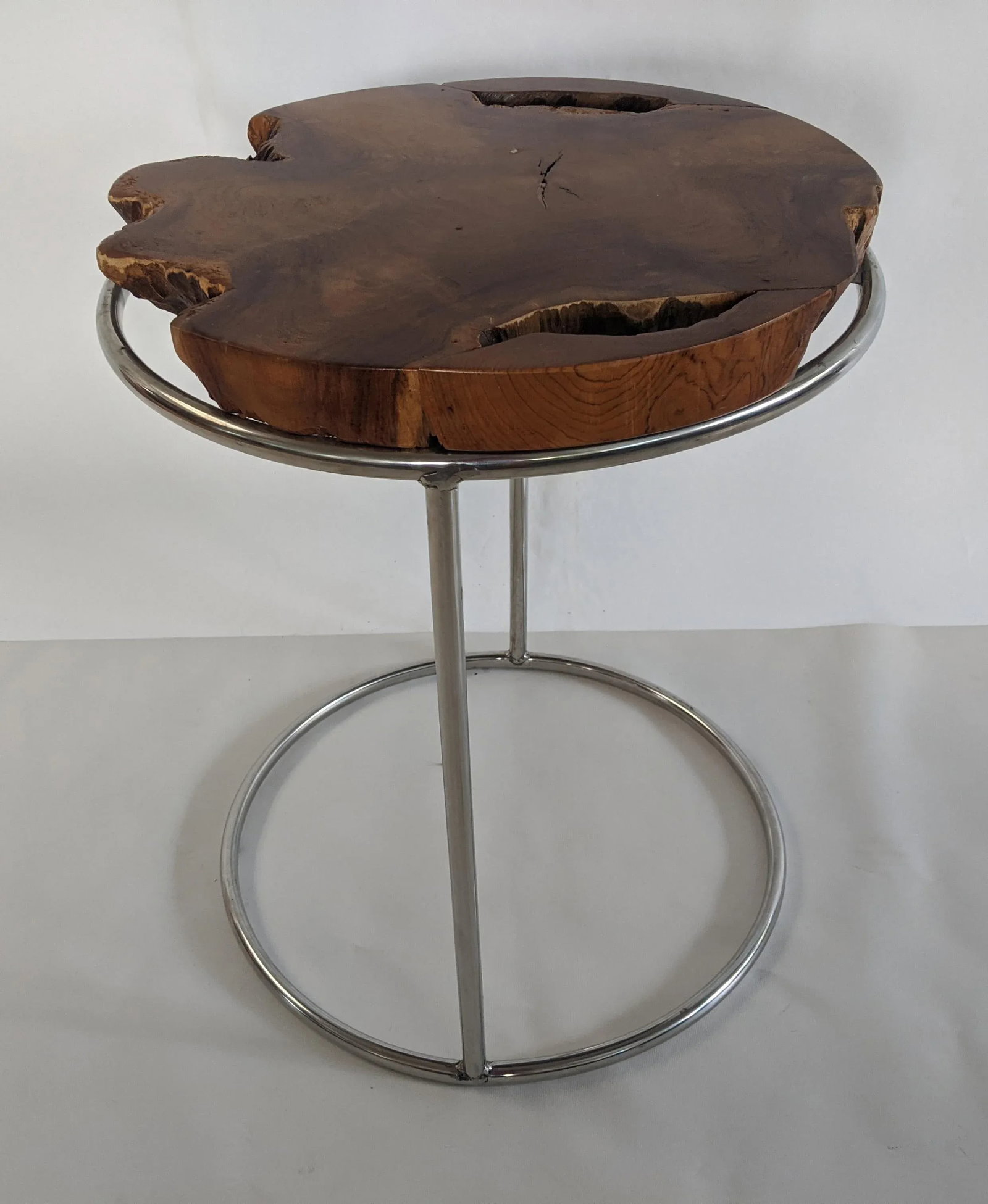 Modern Live Edge Wood Slab and Chrome Side Table - 3