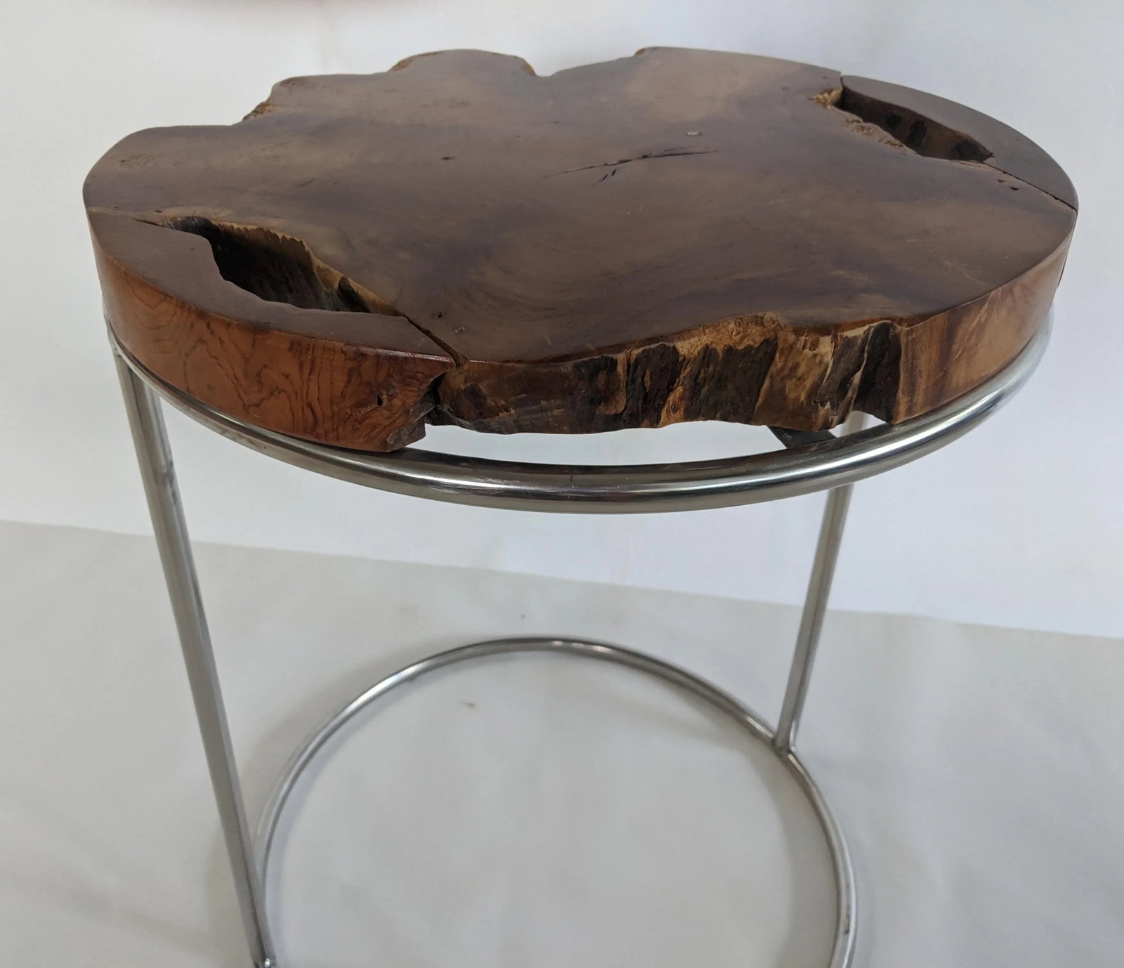 Modern Live Edge Wood Slab and Chrome Side Table - 4