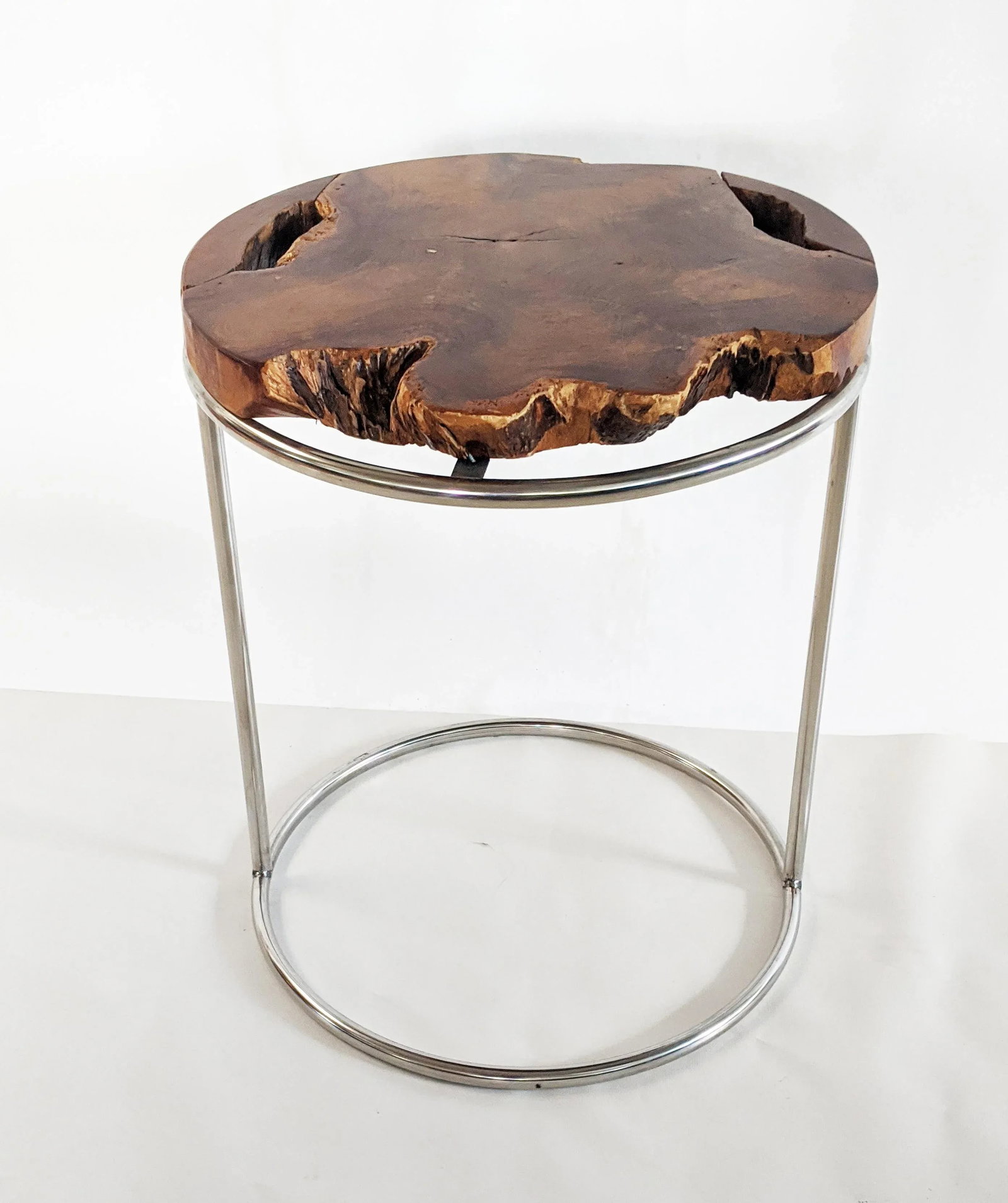 Modern Live Edge Wood Slab and Chrome Side Table - 7