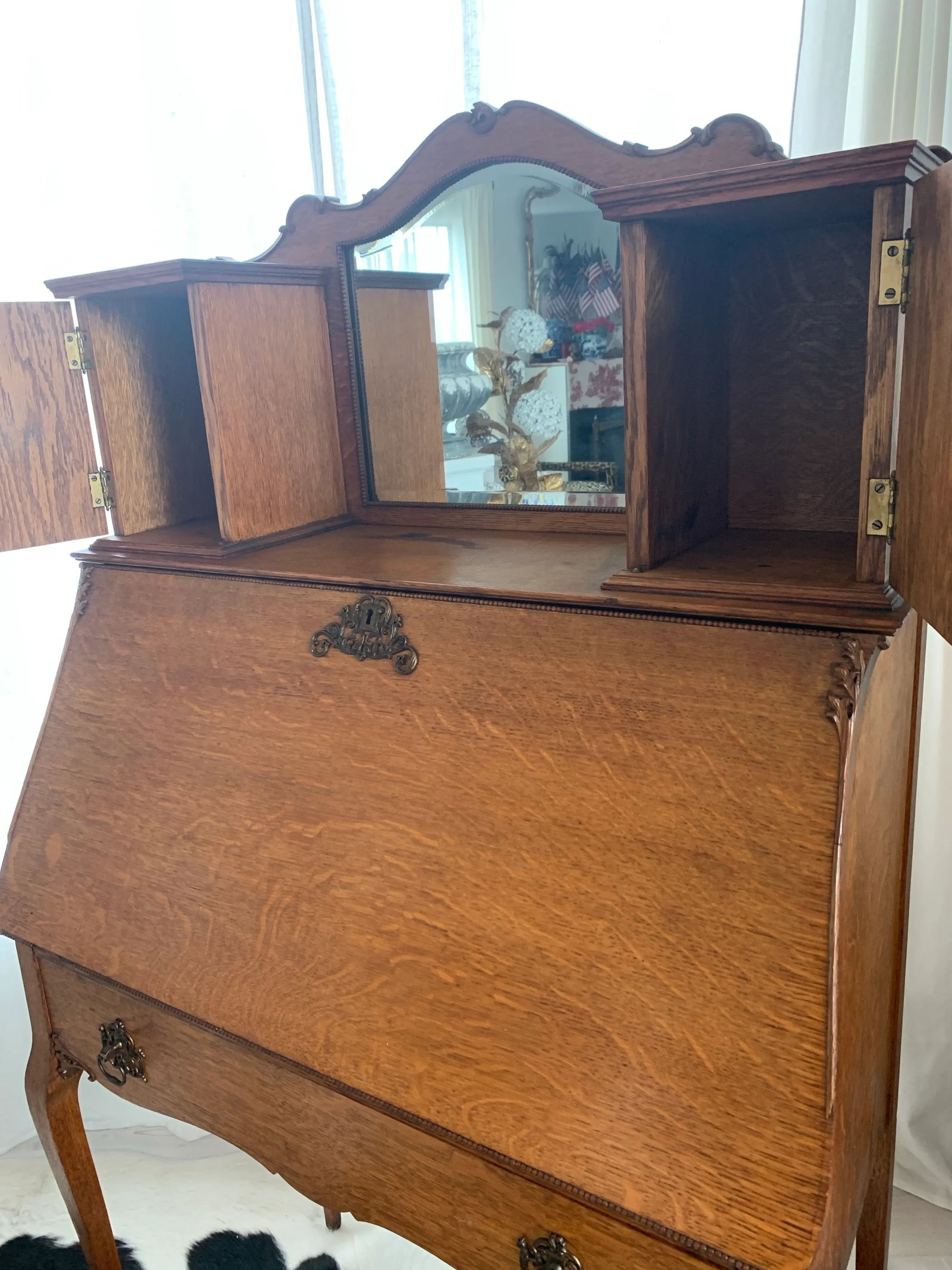 Antique Art Nouveau Oak Secretary Ladies Writing Desk - 10