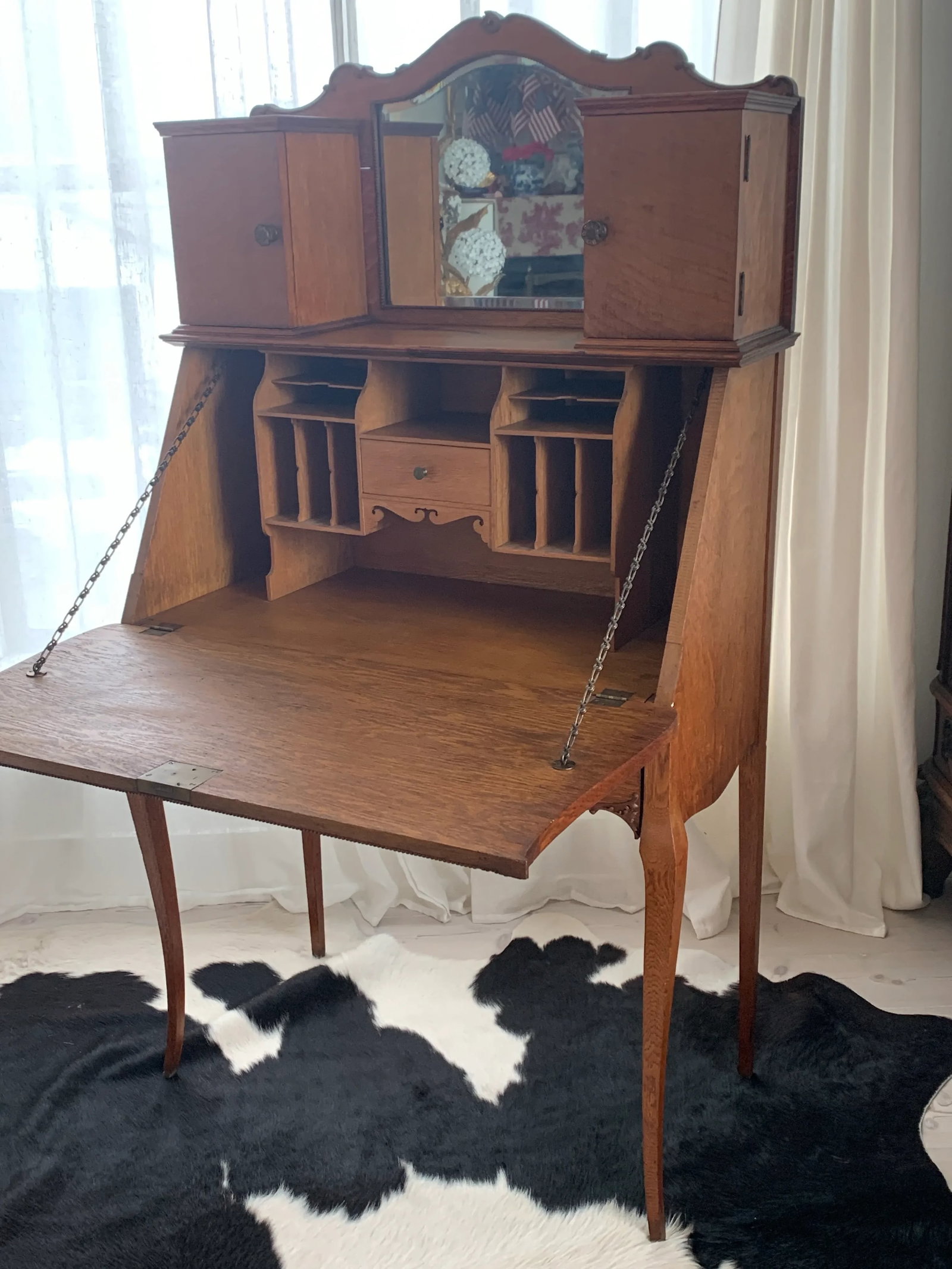 Antique Art Nouveau Oak Secretary Ladies Writing Desk - 2