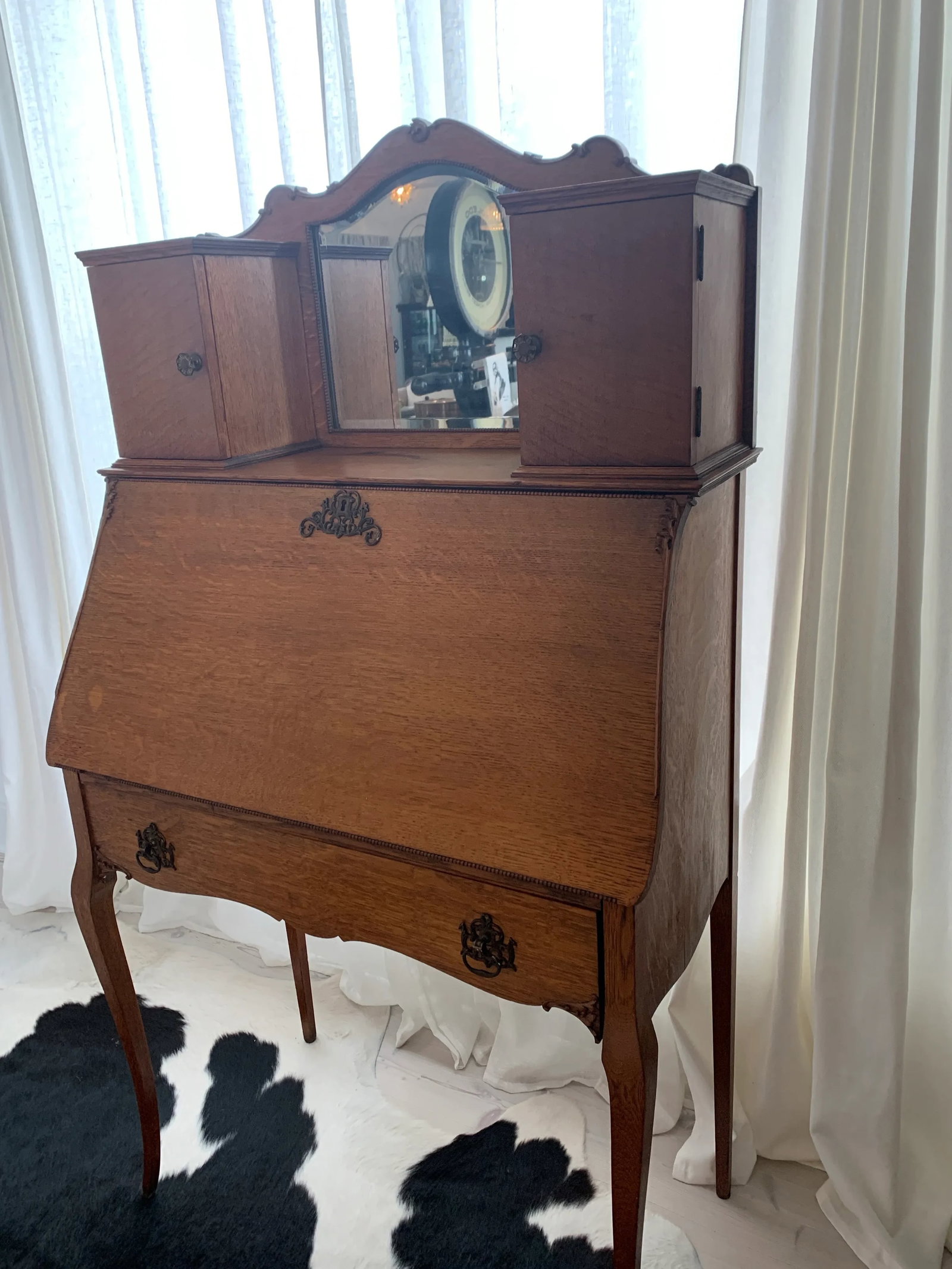 Antique Art Nouveau Oak Secretary Ladies Writing Desk - 3