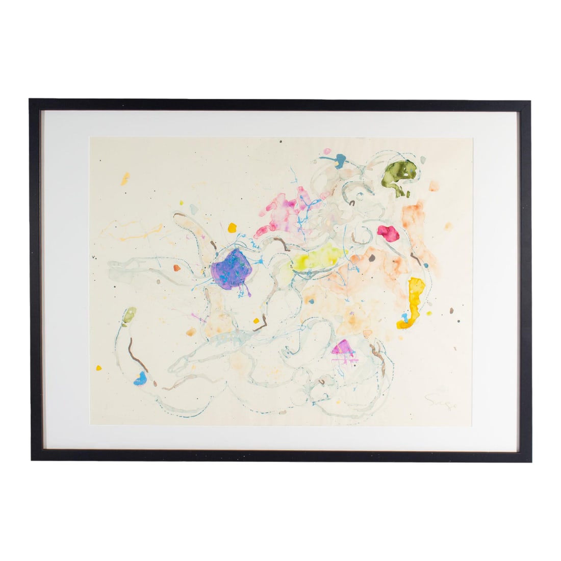 Abstract Mixed Media Painting by Walter Sorge: A watercolor and oil on paper painting by the American artist Walter Sorge (1931-2021). This vibrant and dynamic work depicts fluid biomorphic designs that flow and twist around each other. signed to