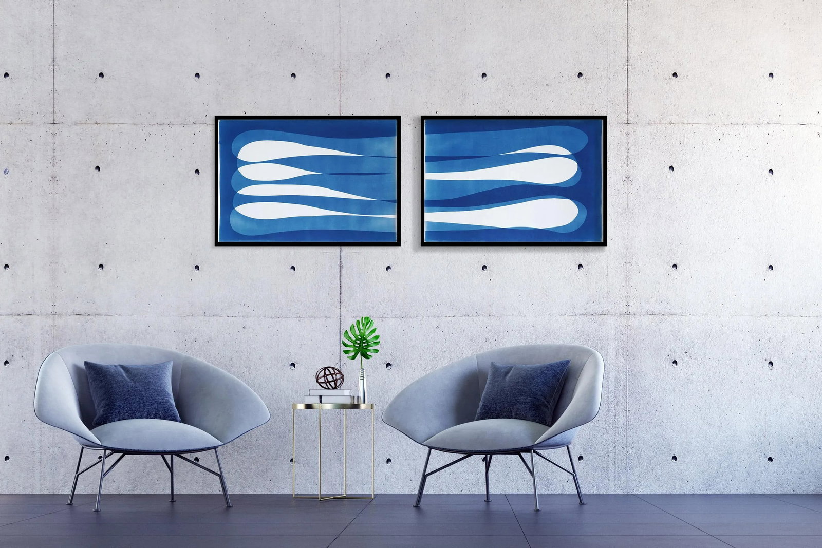2025, Minimalist Diptych in Blue Tones, Abstract Eternity Shapes, Handmade Monotype Cyanotype on Wat - 2