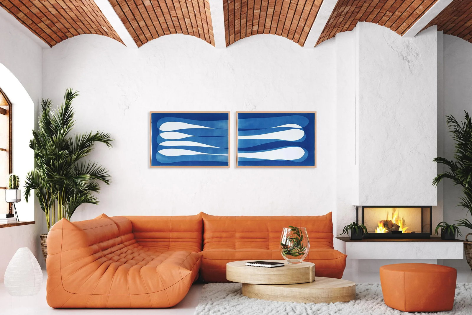 2025, Minimalist Diptych in Blue Tones, Abstract Eternity Shapes, Handmade Monotype Cyanotype on Wat - 5