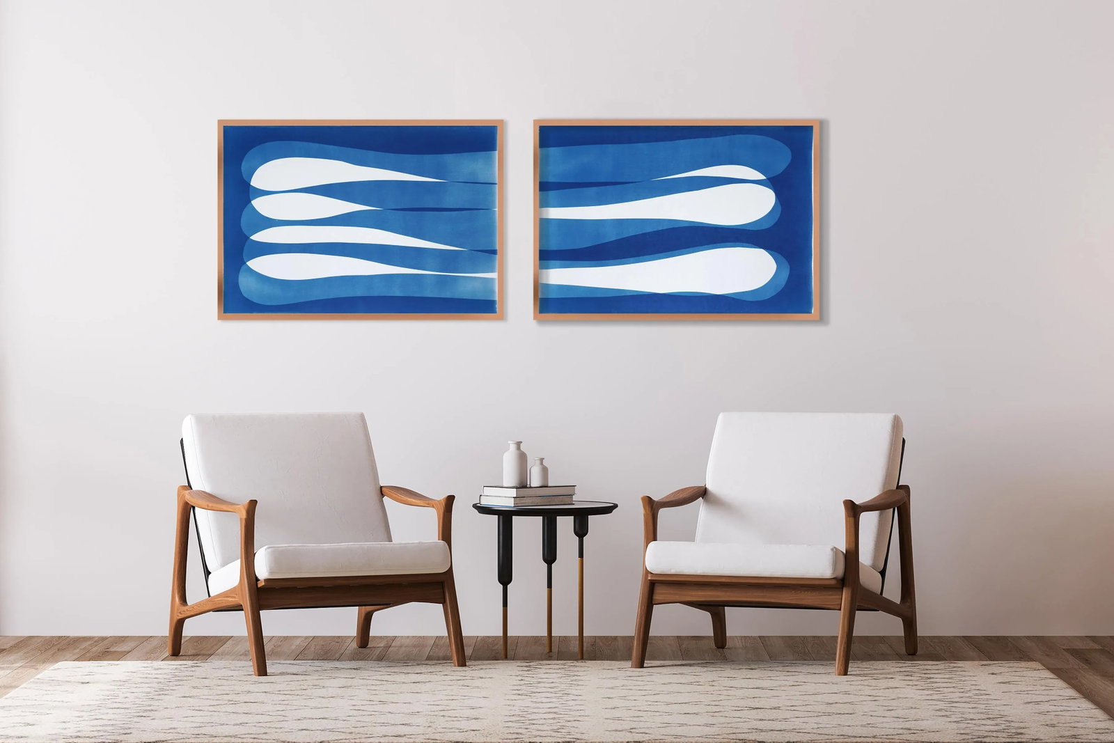 2025, Minimalist Diptych in Blue Tones, Abstract Eternity Shapes, Handmade Monotype Cyanotype on Wat - 7