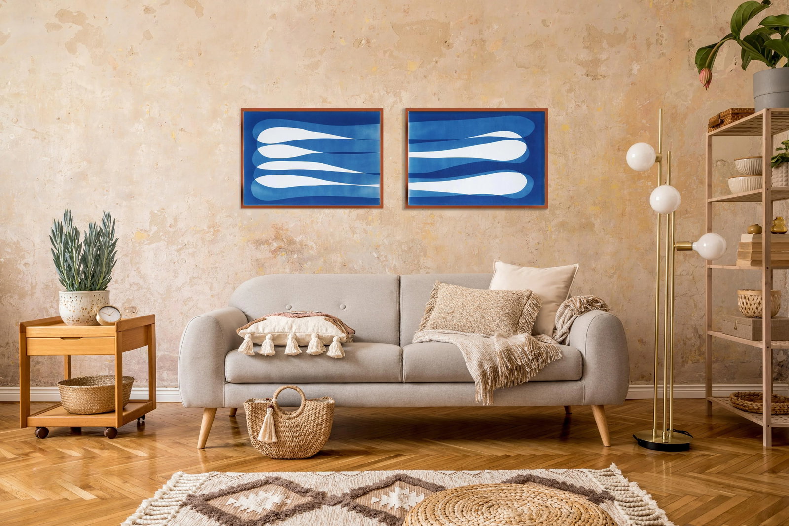 2025, Minimalist Diptych in Blue Tones, Abstract Eternity Shapes, Handmade Monotype Cyanotype on Wat - 9