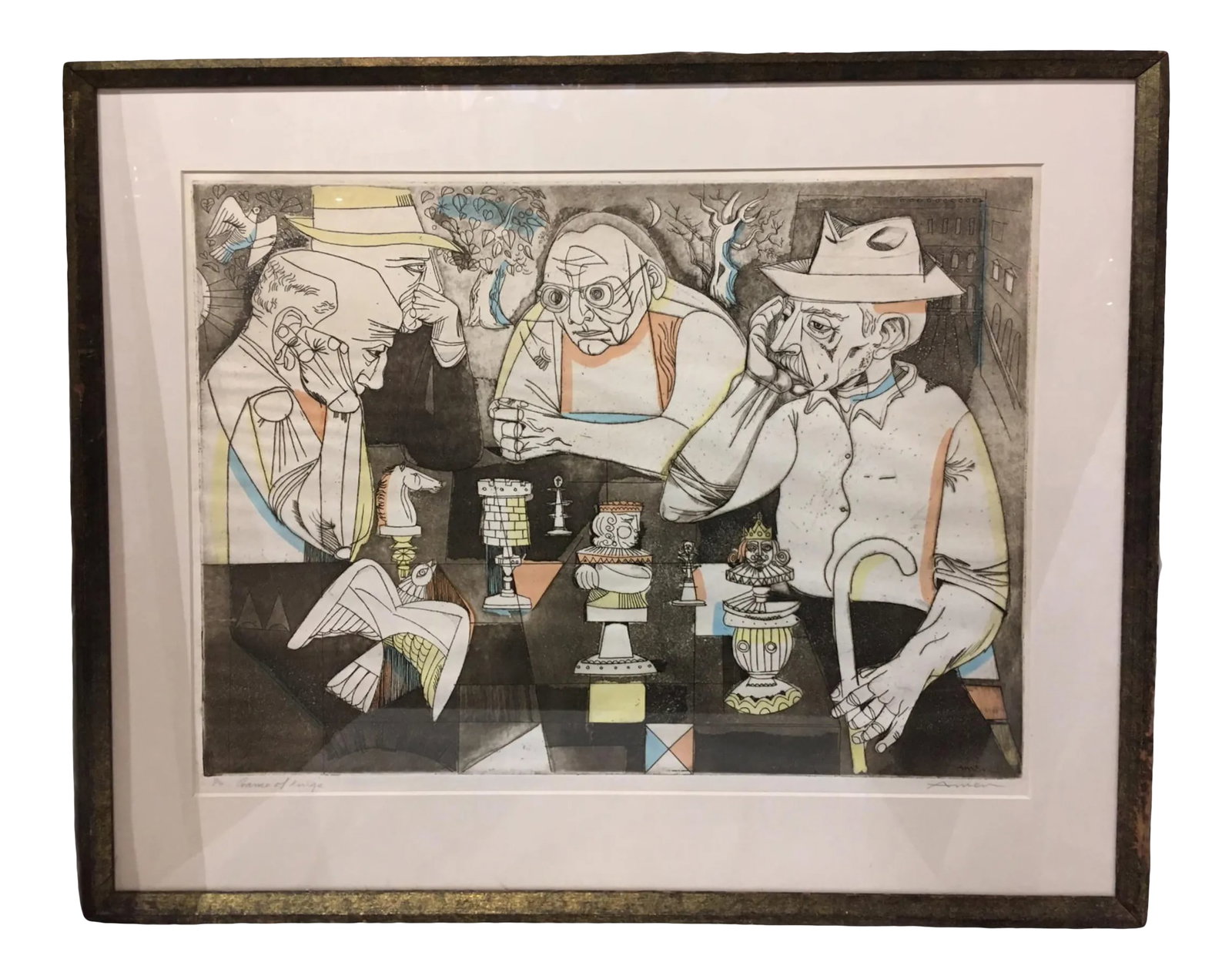 Vintage Mid-Century Signed and Numbered Color Serigraph by Irving Amen: Vintage professionally framed and matted Serigraph "Game of Kings" 82/90 by celebrated American artist and printmaker Irving Amen (1918-2011) This colored serigraph depicts a scene of a group of men e